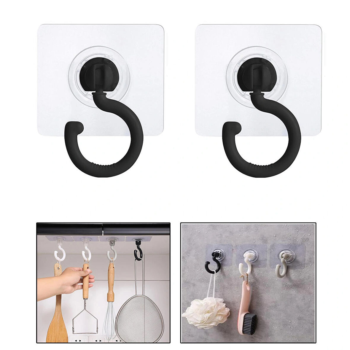 Microcase  Yapışkanlı 360° Döner Başlıklı Çok Amaçlı  Banyo Mutfak Eşya Vb. Kanca Askılık- SİYAH AL4942 2 Adet