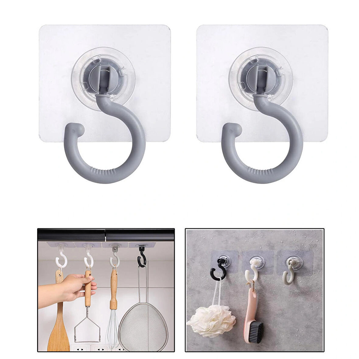 Microcase  Yapışkanlı 360° Döner Başlıklı Çok Amaçlı  Banyo Mutfak Eşya Vb. Kanca Askılık- GRİ AL4942 2 Adet