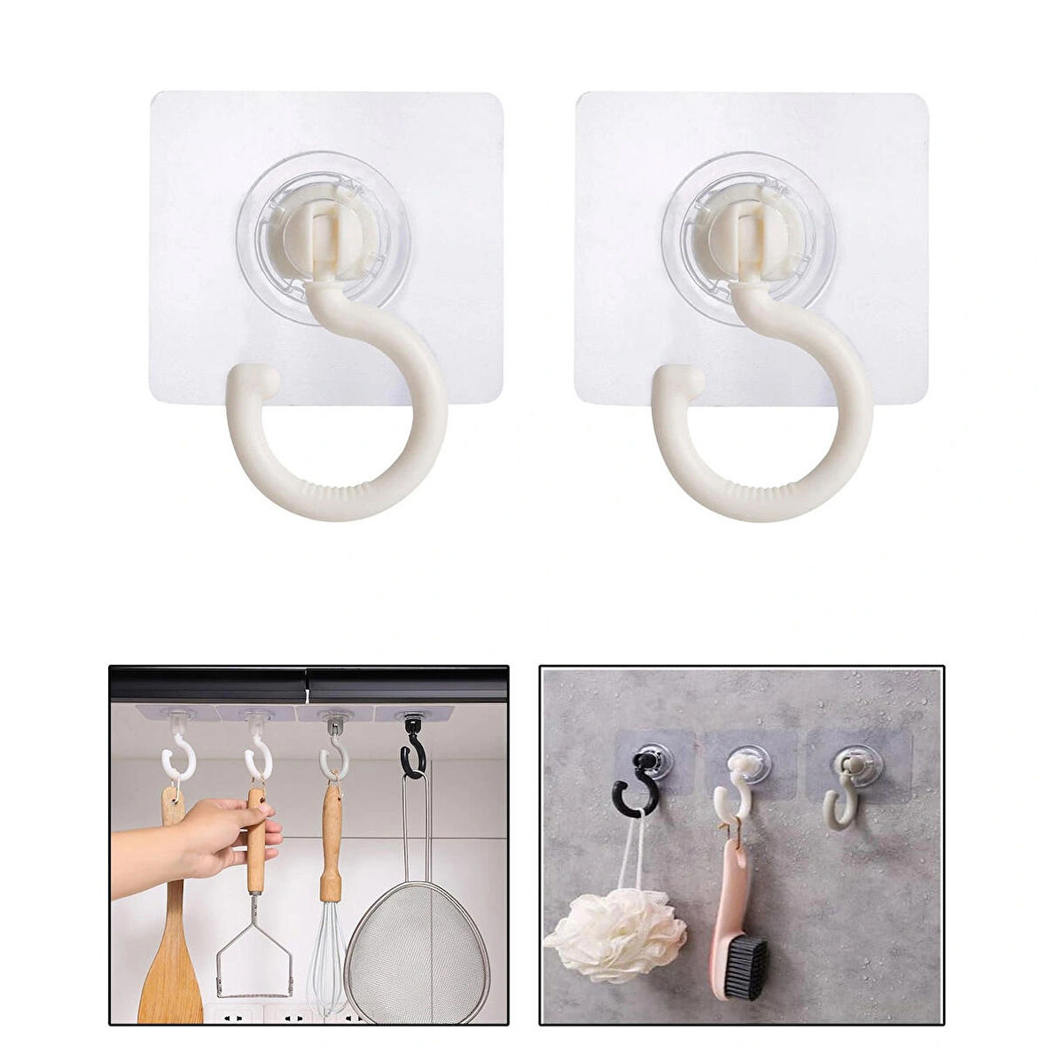 Microcase  Yapışkanlı 360° Döner Başlıklı Çok Amaçlı  Banyo Mutfak Eşya Vb. Kanca Askılık- BEYAZ AL4942 2 Adet