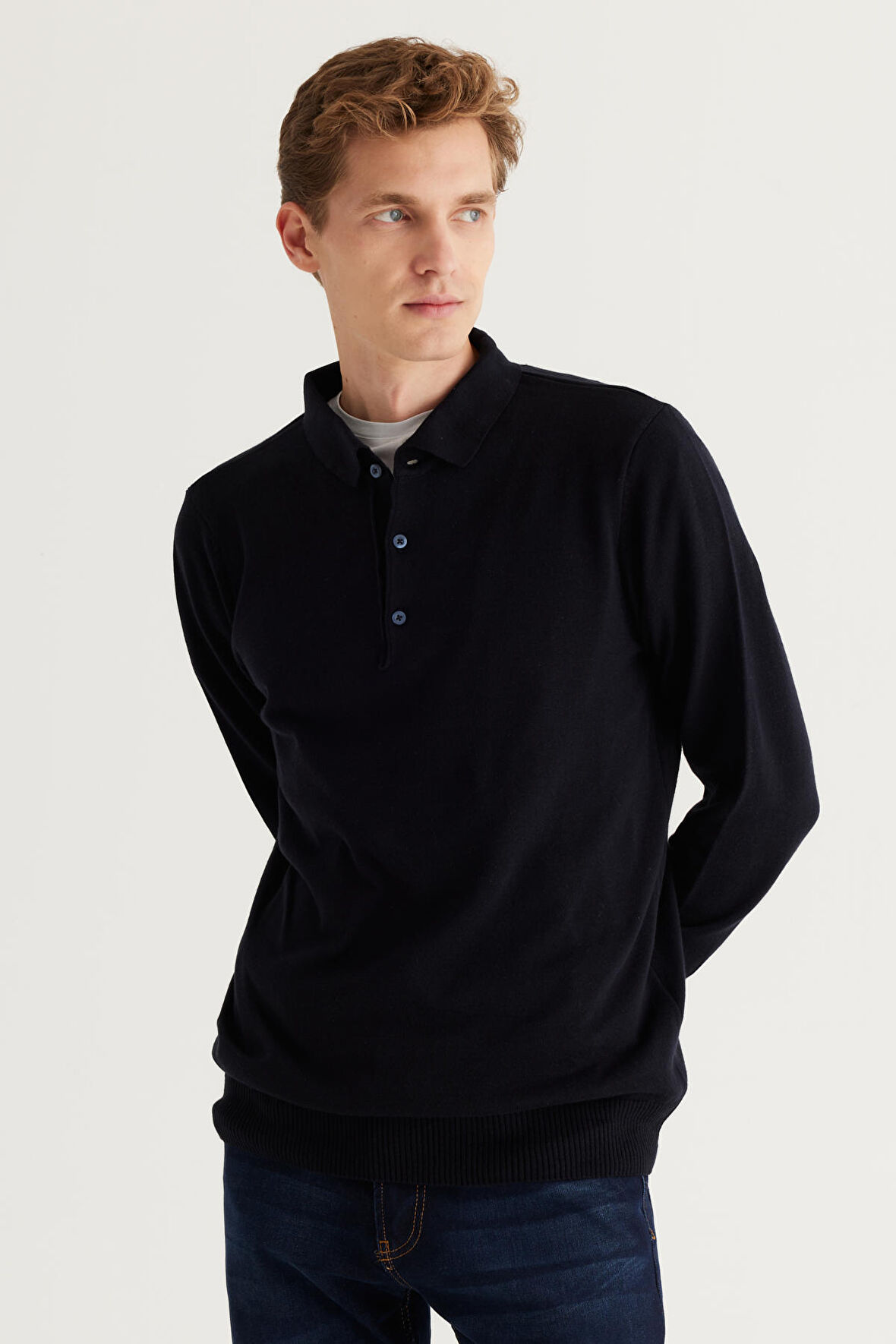 Erkek Lacivert Standart Fit Normal Kesim Polo Yaka Pamuklu Triko Kazak