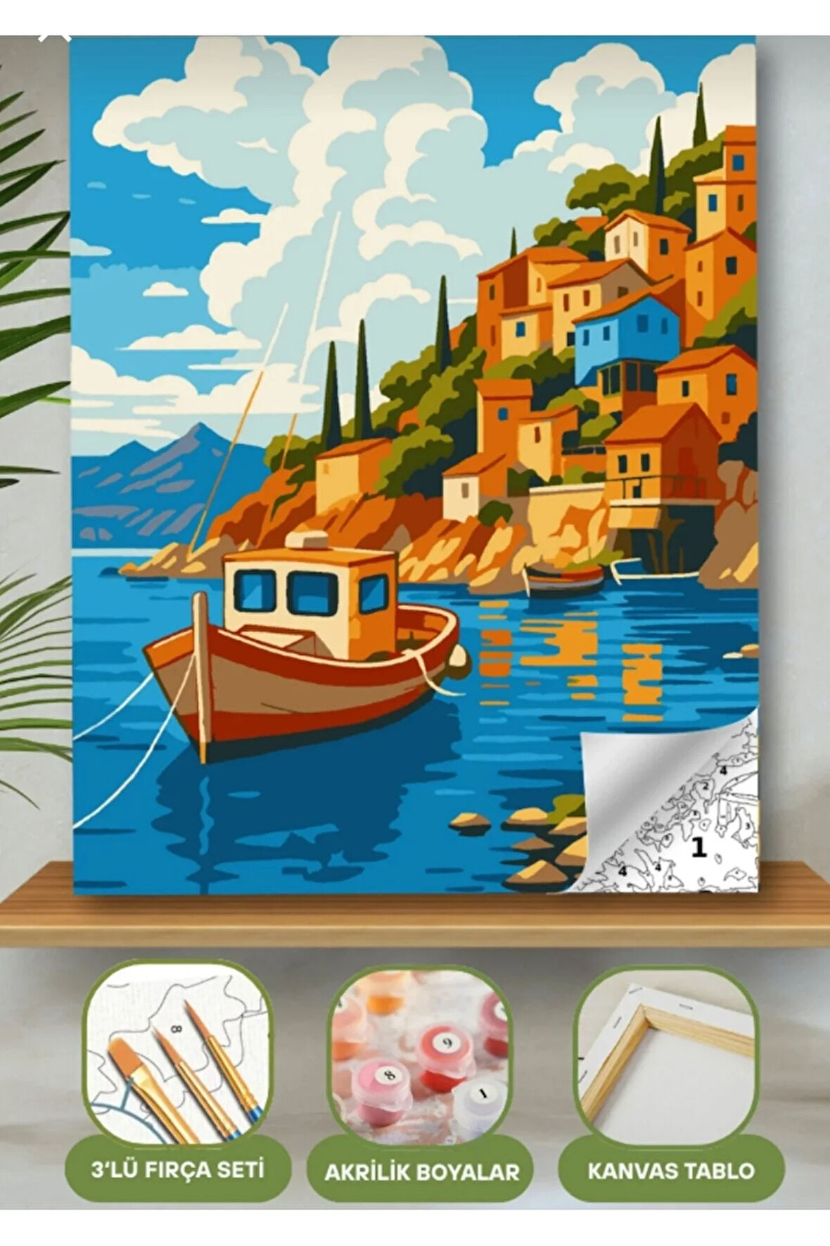 Sayılarla Boyama Seti 40x50 Cm (Çıtalı) Fırça Boya Dahil Numaralı Tuval Deniz Sandal Bina Manzaralı