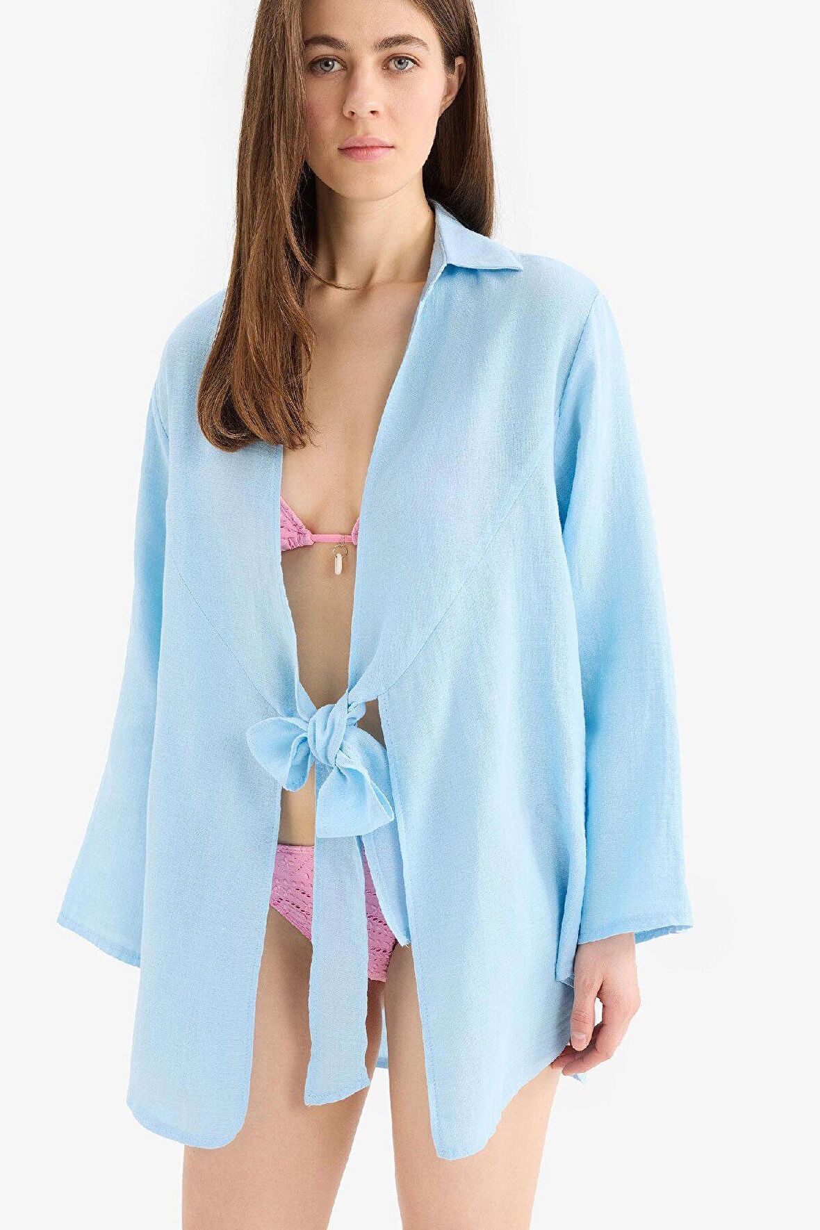 DeFacto Müslin Önden Bağlamalı Plaj Gömleği-Fall in Love B7333AX25SMBE509