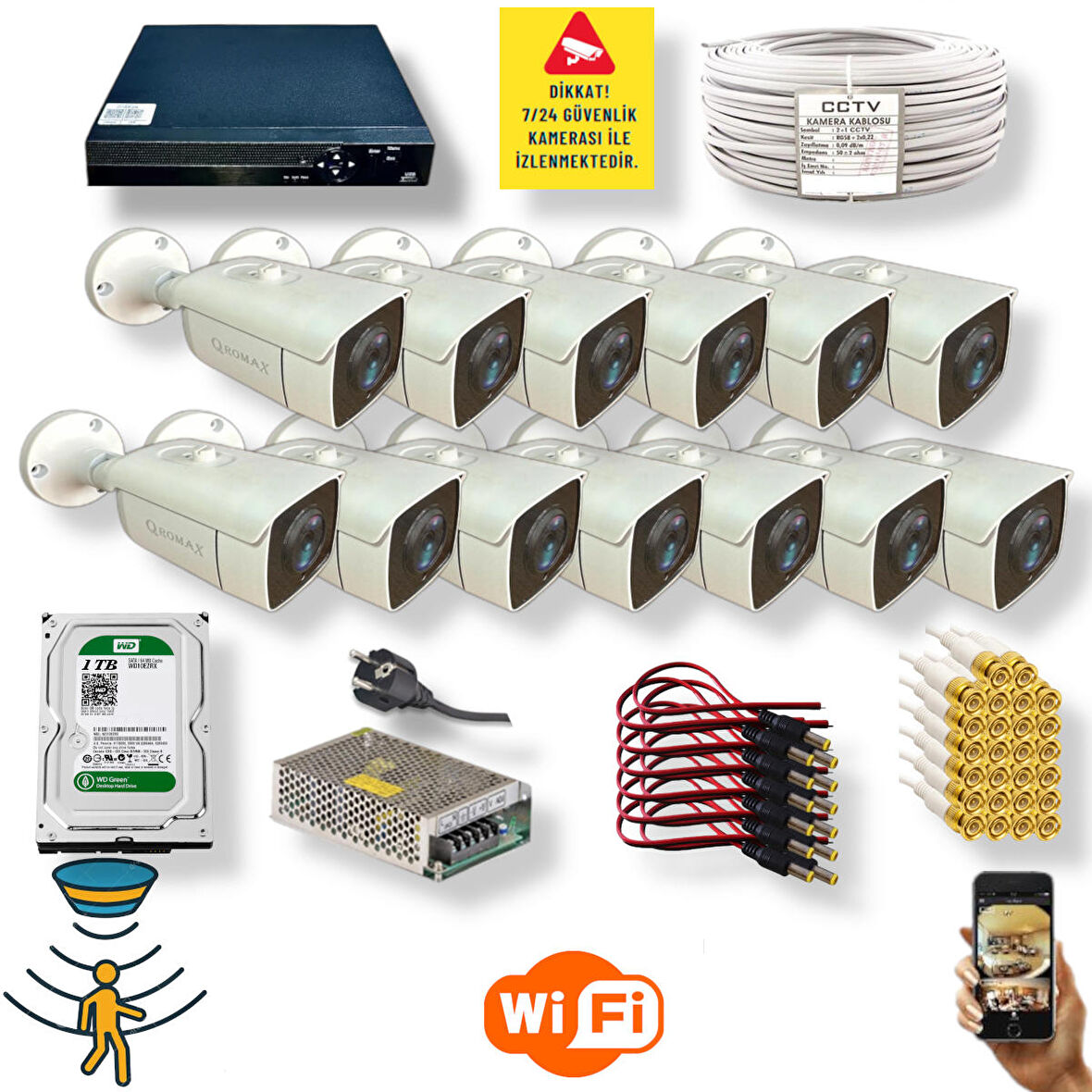 13 Kamerali Set - Hareket Algilayan Gece Görüşlü 24 Smd Led 5mp Sony Lensli 1080p Full Hd Metal Kasa Güvenlik Kamerasi Seti 6224