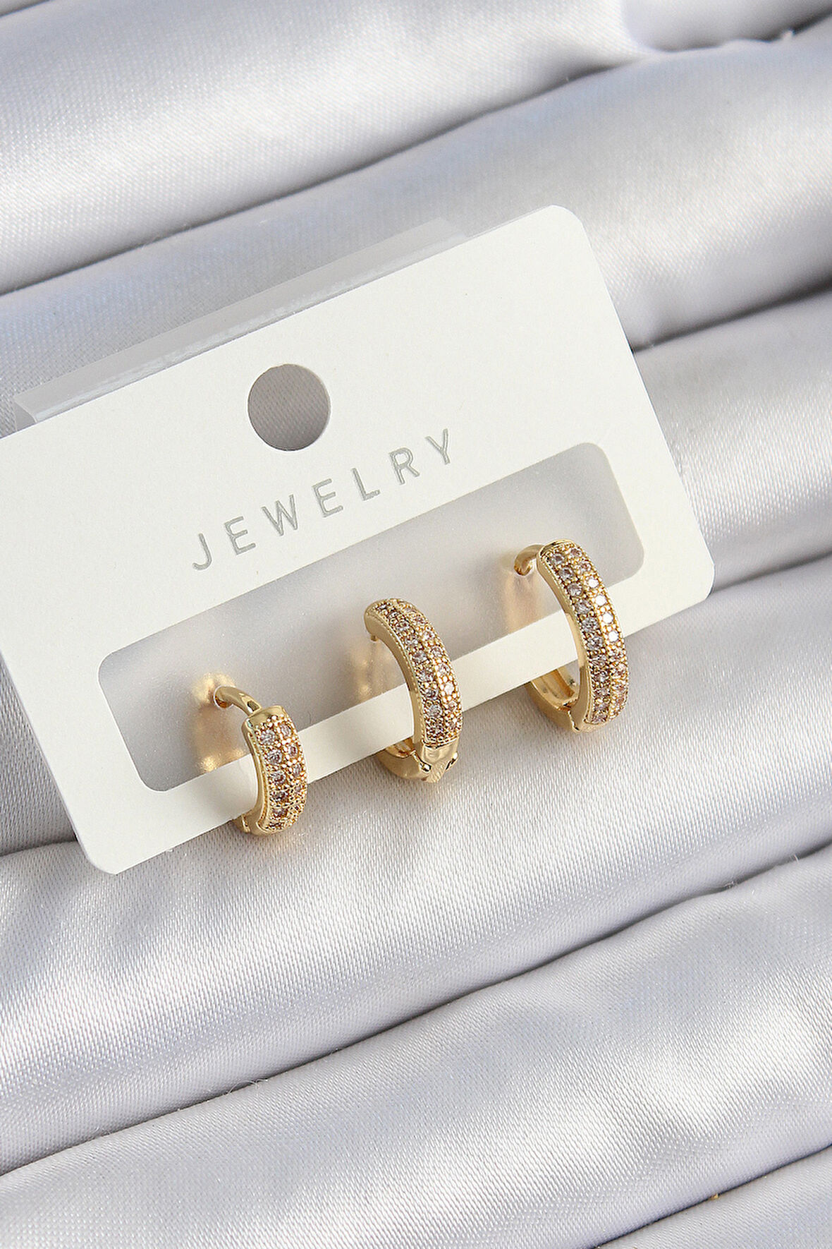 Pirinç Zirkon Taşlı Yıldız Model Gold Renk 3'lü Çift Kadın Küpe Set - TJ-BKP10836