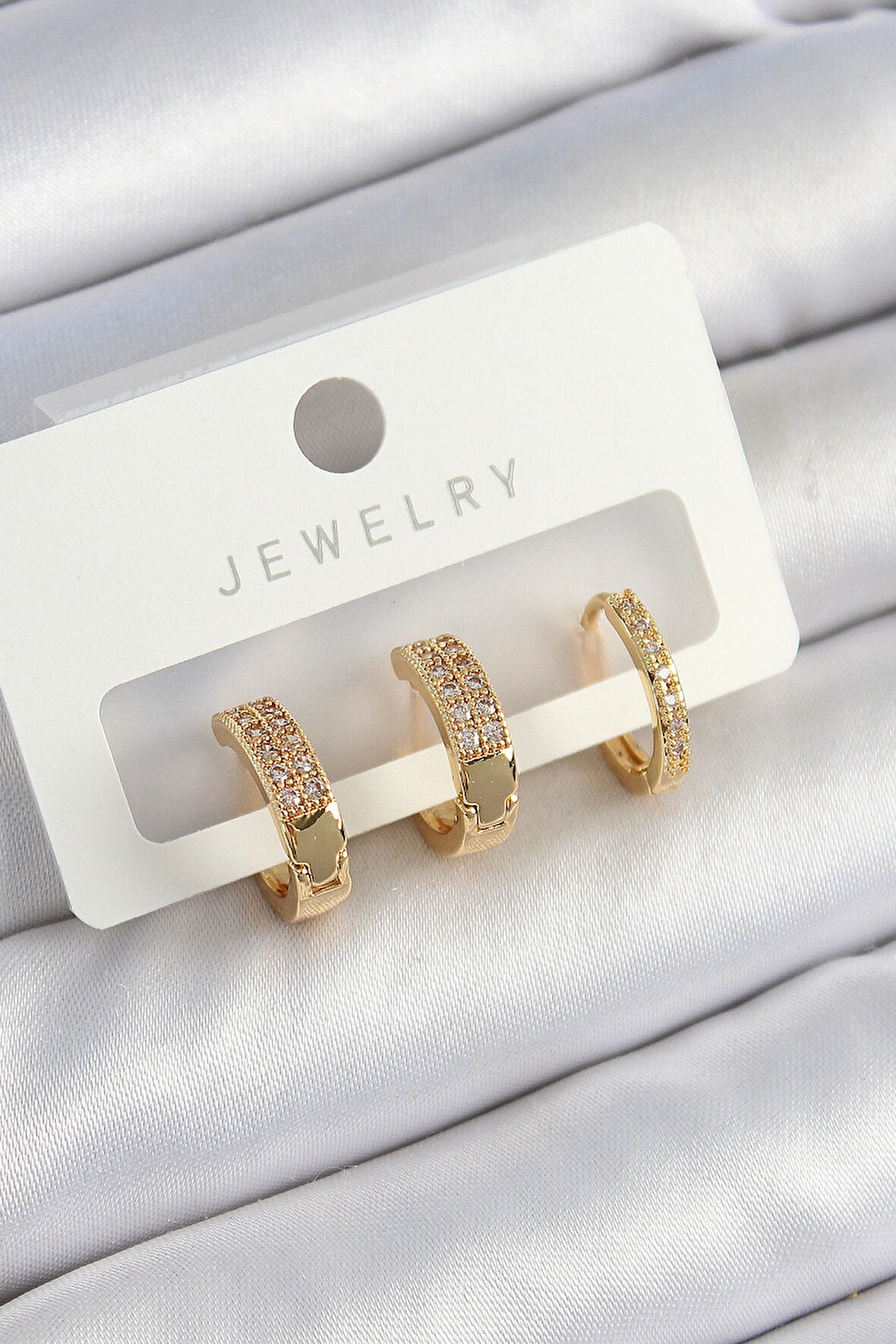 Pirinç Zirkon Taşlı Halka Model Gold Renk 3'lü Çift Kadın Küpe Set - TJ-BKP10838