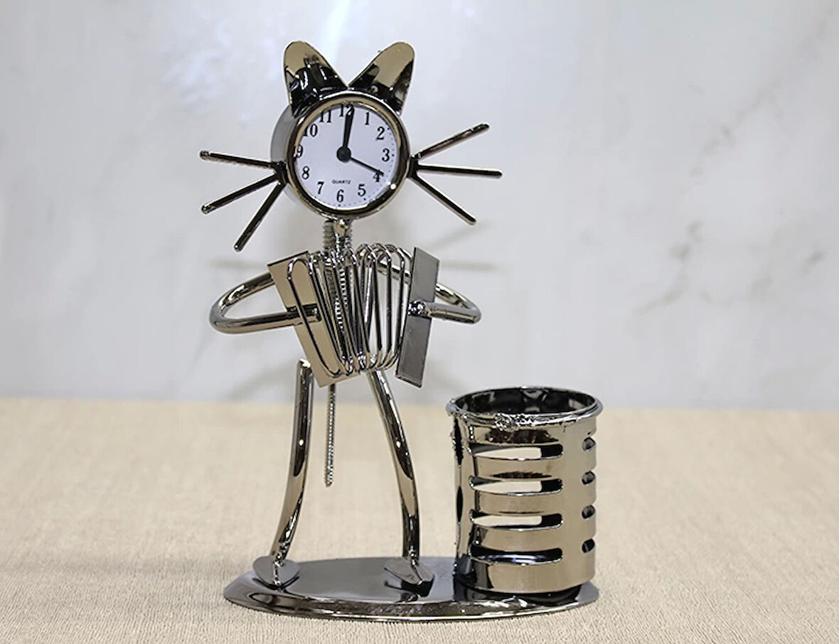 Metal Akordiyon Çalan Kedi Müzisyen Saat Ve Kalemlik Alk4344