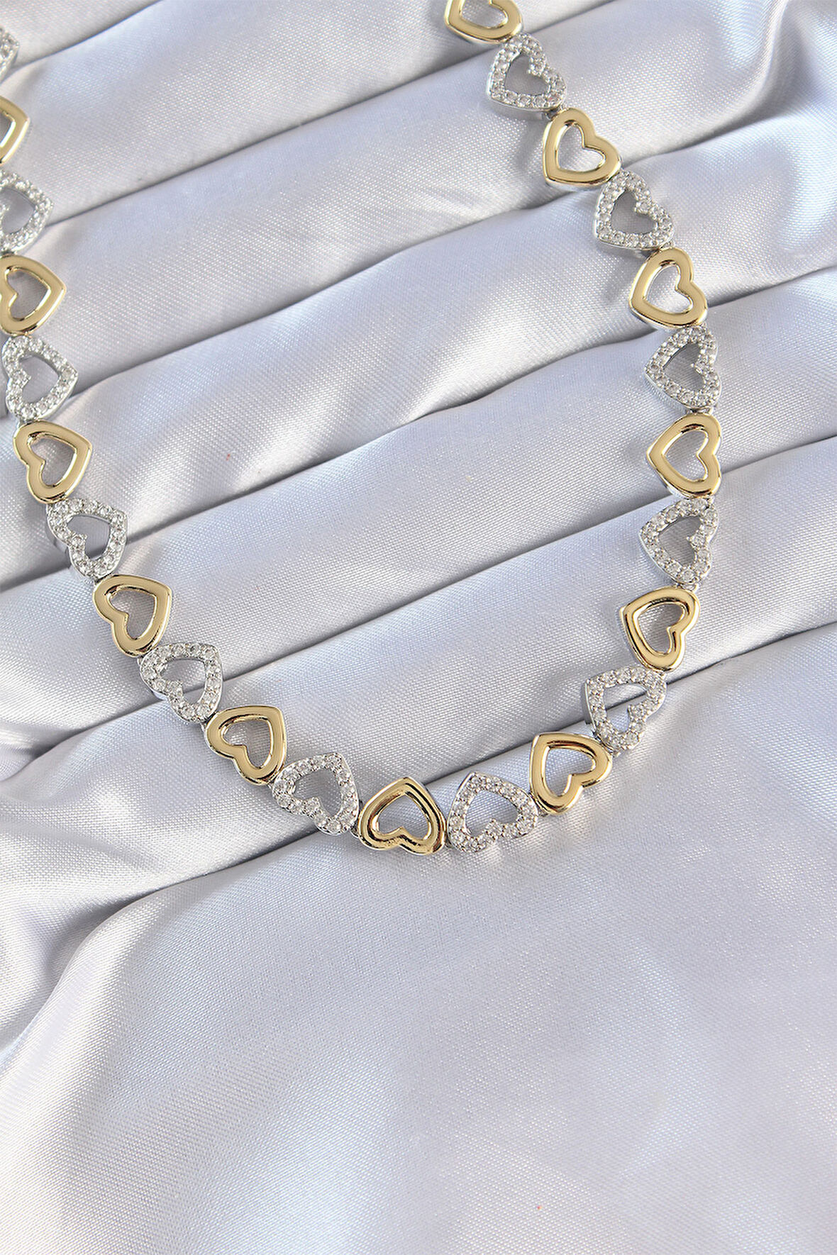 Vip Seri Pirinç Çift Renk Zirkon Taşlı İçi Boş Kalp Tasarımlı Kolye - TJ-BKO8870