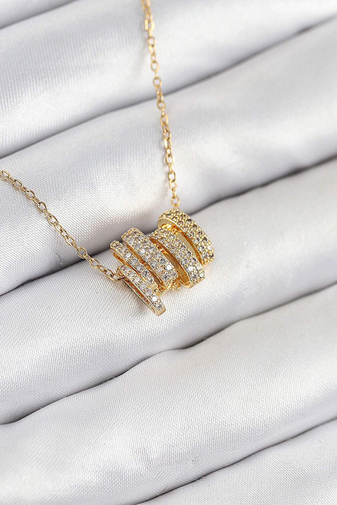 316L Çelik Zirkon Taşlı Sarmal Model Gold Renk Kadın Kolye - TJ-BKO10512