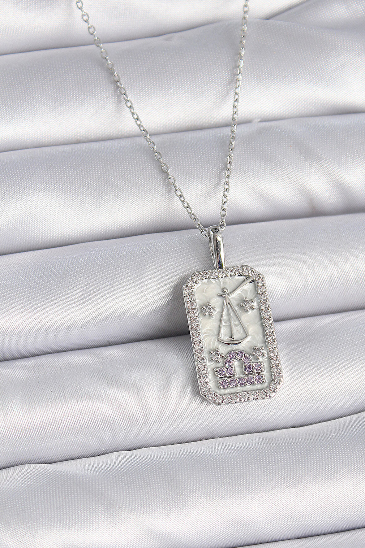 316L Çelik Gümüş Renk Terazi Burcu Zirkon Taşlı Kadın Kolye - TJ-BKO9454