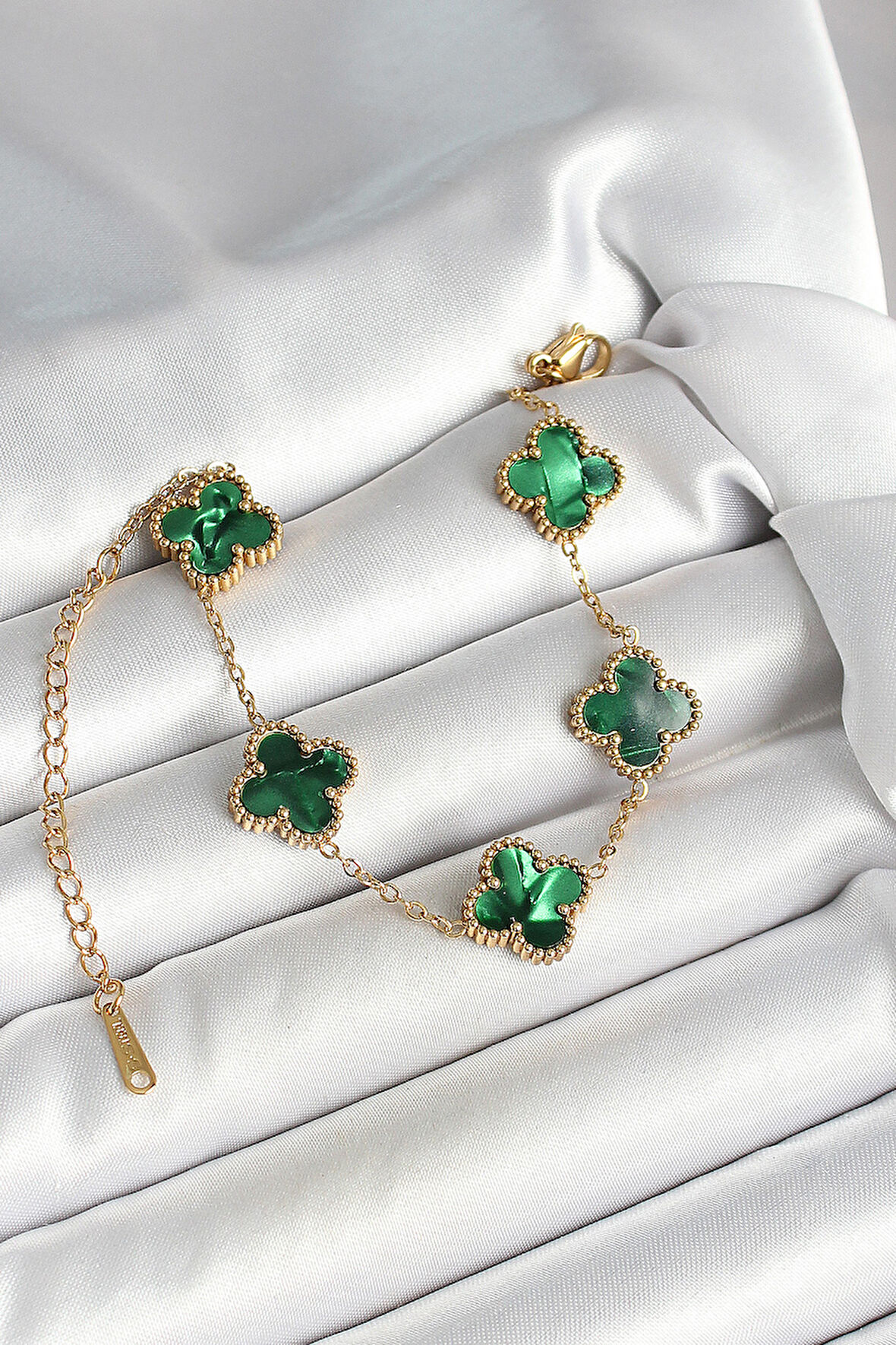 316L Çelik Sedefli Zümrüt Yeşil Gold Renk Yonca Kadın Bileklik - TJ-BB6968