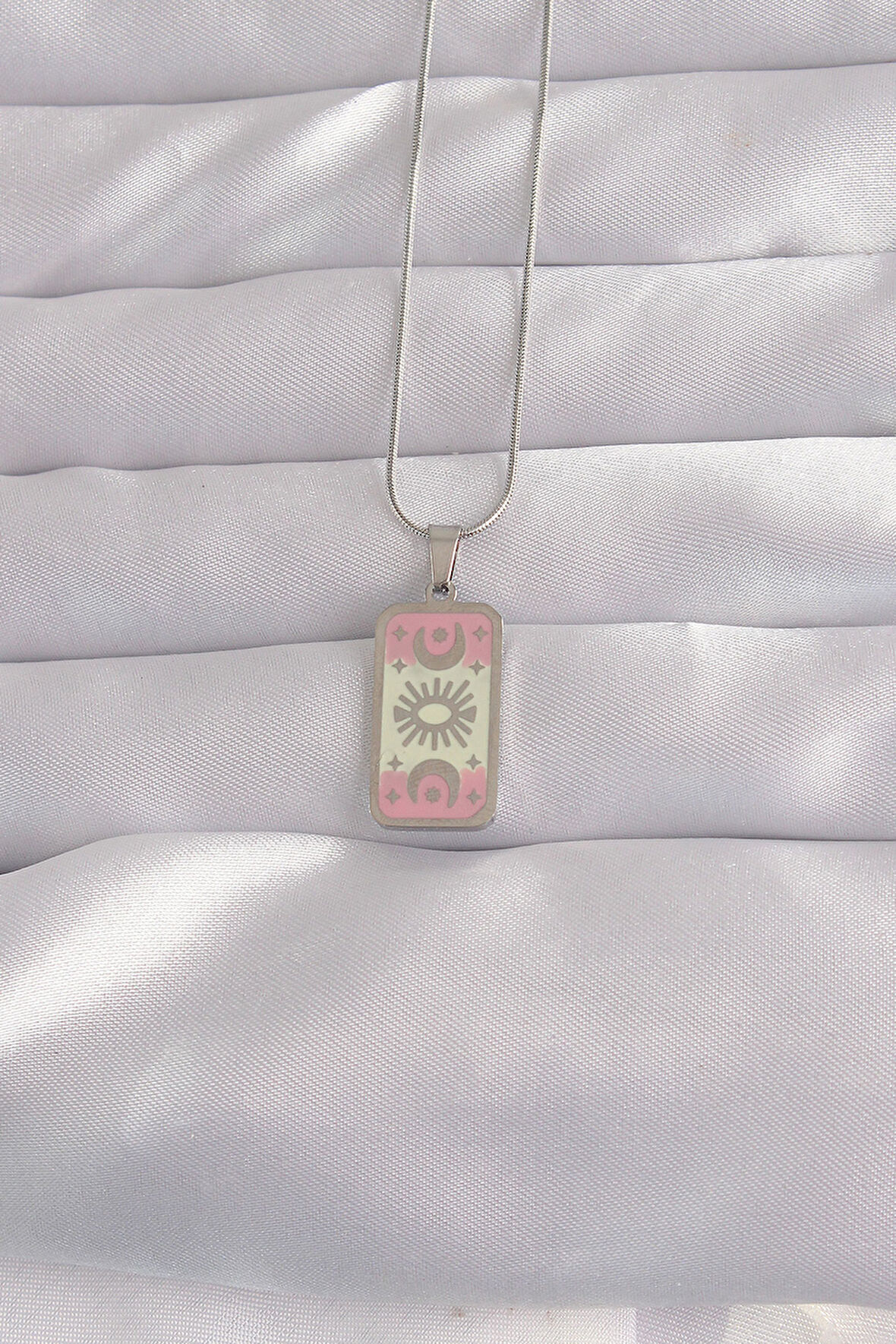 316L Çelik Gümüş Renk Pembe Mineli Ay Figür Tarot Kolye - TJ-BKO9045