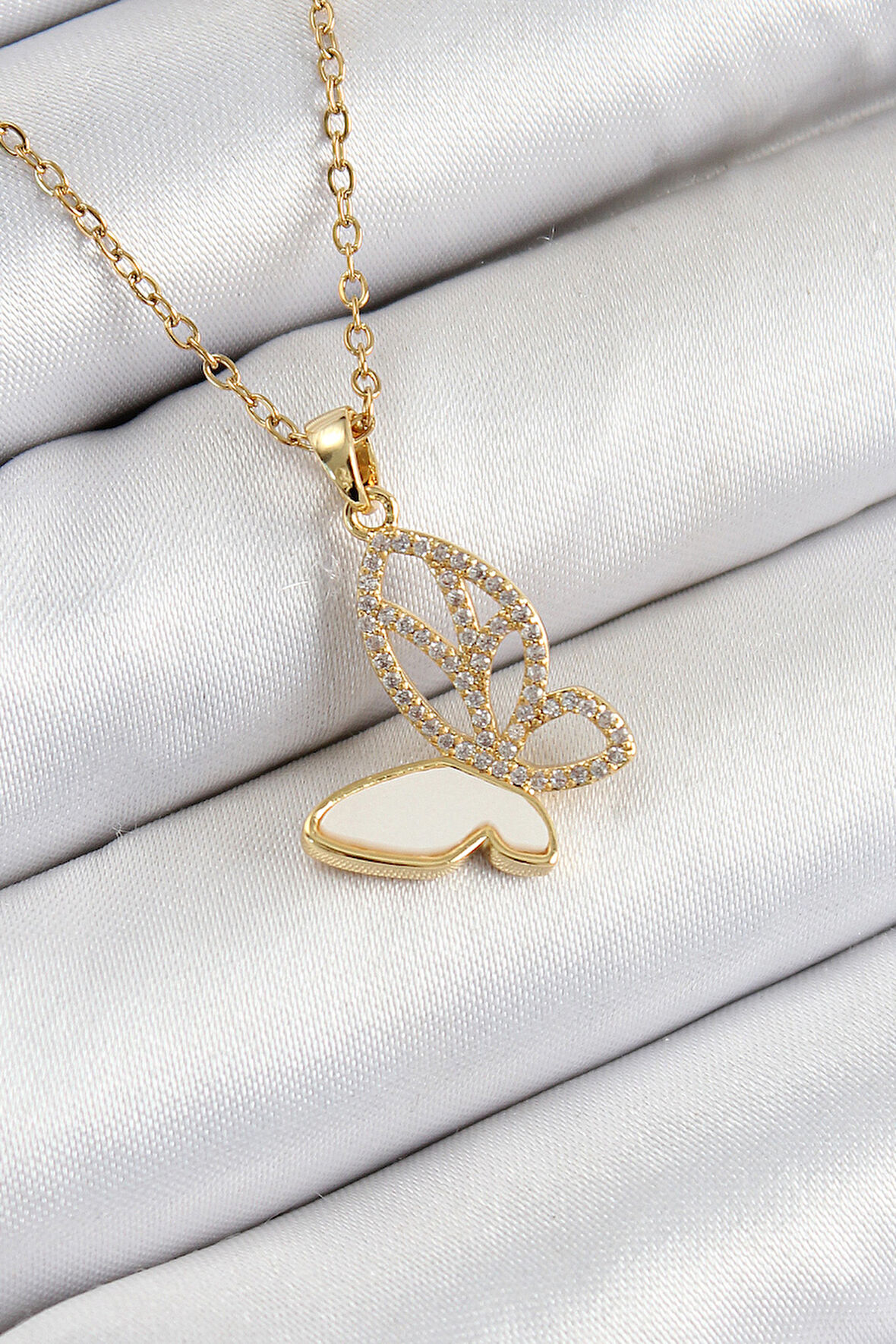 316L Çelik Zirkon Taşlı Kelebek Model Gold Renk Kadın Kolye - TJ-BKO10359