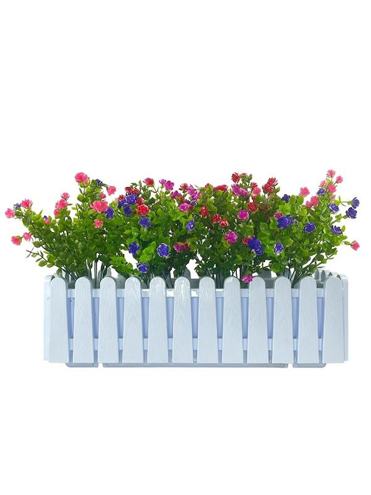 Yapay Çiçek Beyaz Çit Balkon Saksısı Renkli Mineli Şimşir Çiçekli 55*35cm