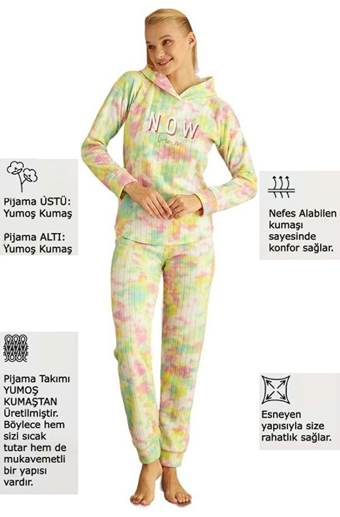 Kadın Batik Desen Kapüşonlu Fitilli Polar Bilek Manşetli Kışlık Jogger Pijama Takımı