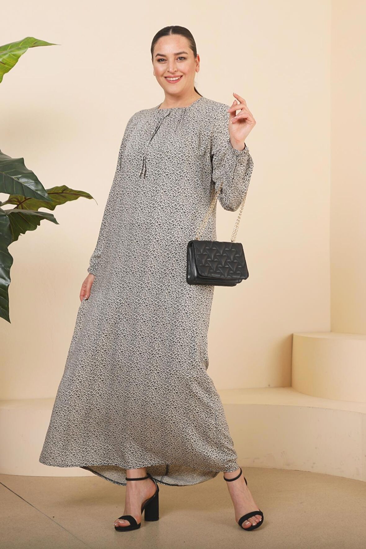 Kadın Buyuk Beden Çıtır Desen Uzun Anne Günlük Elbise