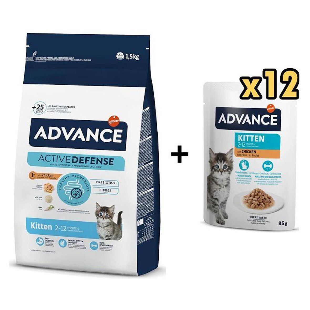Advance Tavuklu Yavru Kedi Maması 1,5 Kg + 12 Adet Advance Tavuklu Yavru Kedi Pouch Yaş Maması 85 Gr