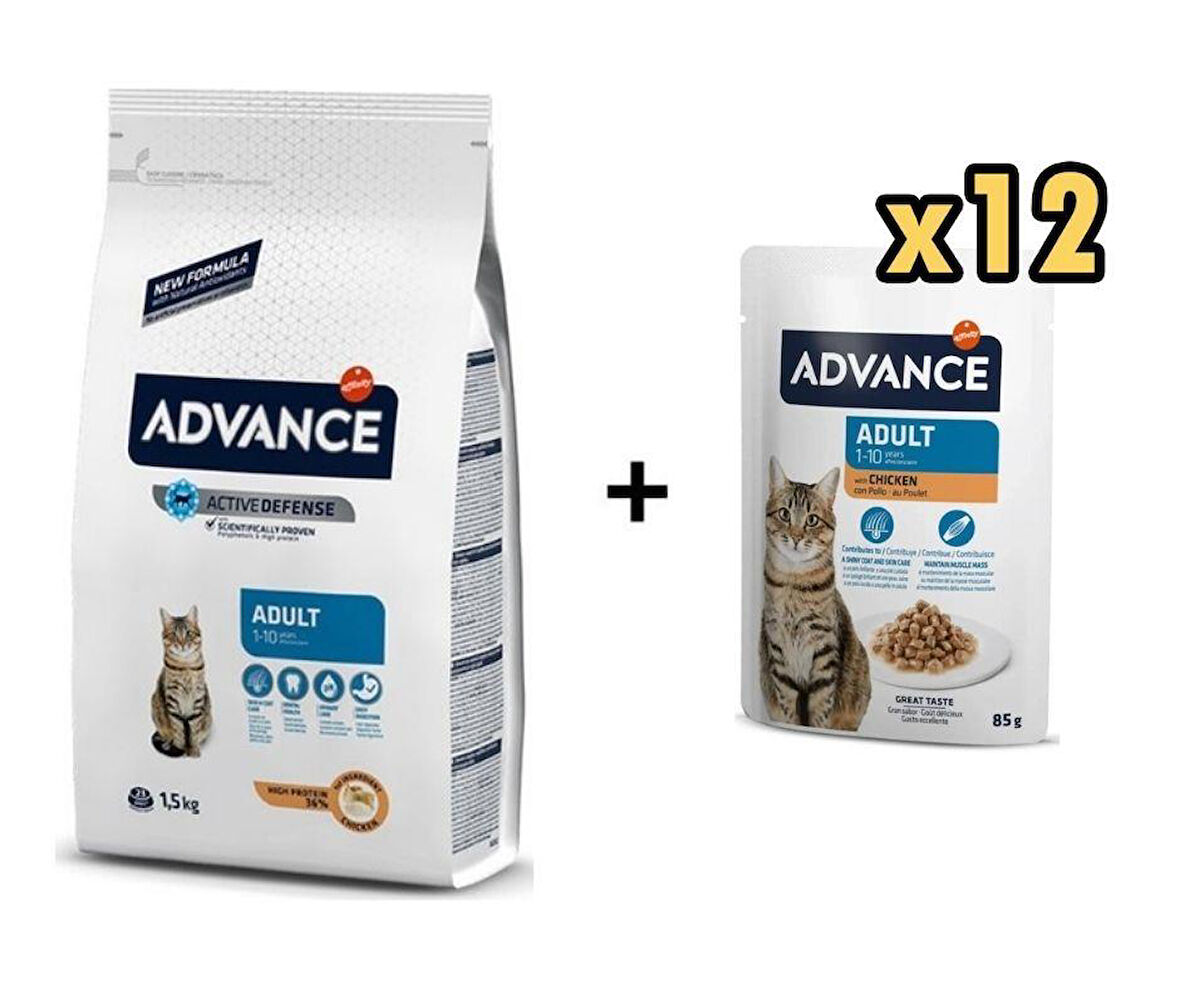 Advance Tavuklu Yetişkin Kedi Maması 1,5 Kg + 12 Adet Advance Tavuklu Yetişkin Kedi Pouch Yaş Maması 85 Gr