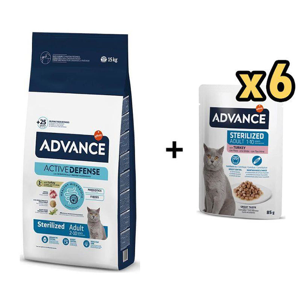 Advance Hindili Kısırlaştırılmış Kedi Maması 15 kg + 6 Adet Advance Hindili Kısır Kedi Pouch Yaş Maması 85 Gr