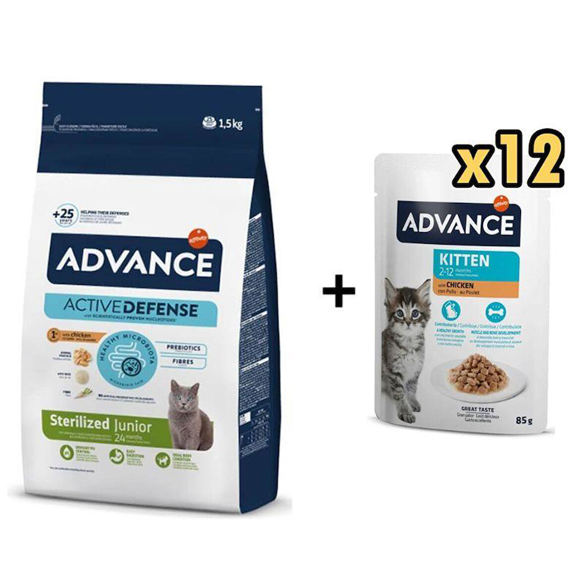 Advance Tavuklu Kısırlaştırılmış Yavru Kedi Maması 1,5 Kg + 12 Adet Advance Tavuklu Yavru Kedi Pouch Yaş Maması 85 Gr