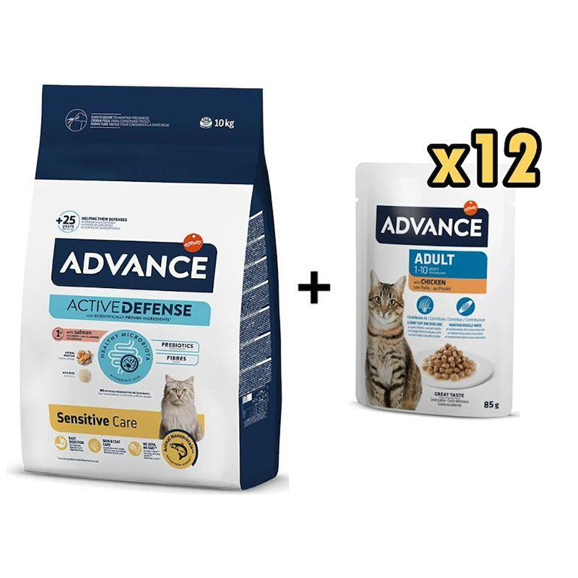 Advance Somonlu Hassas Yetişkin Kedi Maması 10 Kg + 12 Adet Advance Tavuklu Yetişkin Kedi Pouch Yaş Maması 85 Gr