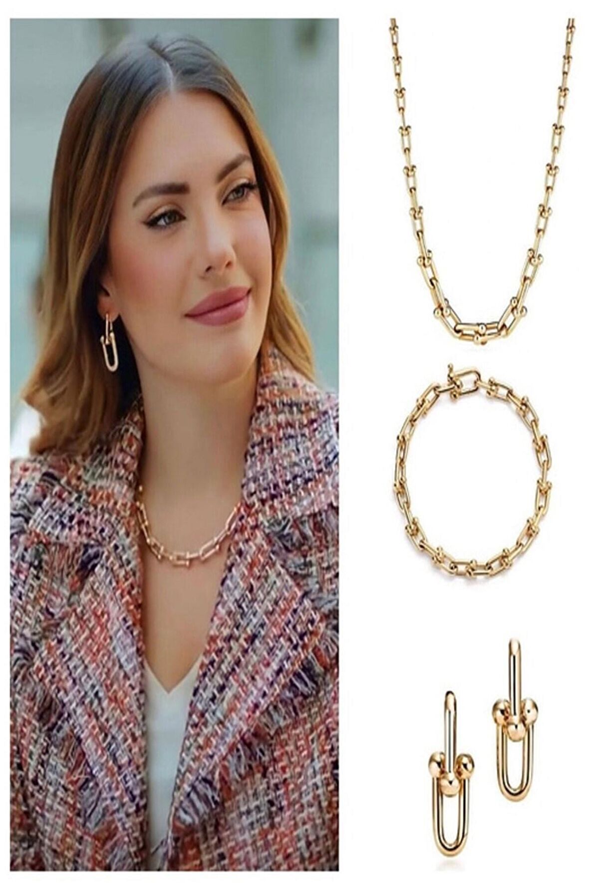 Kadın Gold Taşsız Tiffany Kolye Küpe Bileklik Seti 3'Lü Set