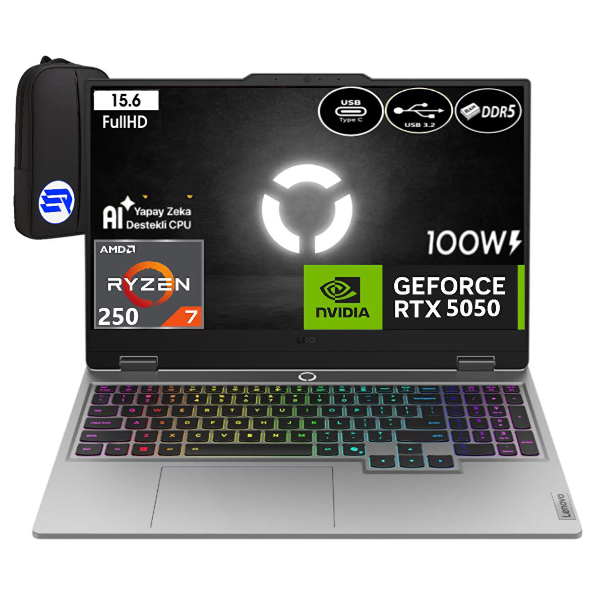 Lenovo Loq 15AHP10 Ryzen 7-250 24GB Ram 512GB SSD RTX5050 8gb 100W 15.6'' Inç Fhd 144Hz WIN11 Pro 83JG006ATREP3 + Elektropasaj Çanta