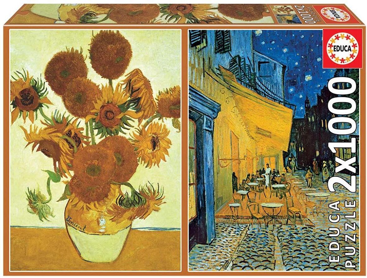 Educa 2x1000 Parça Kafe Terasta Gece ve Ayçiçekleri Puzzle - Vincent Van Gogh