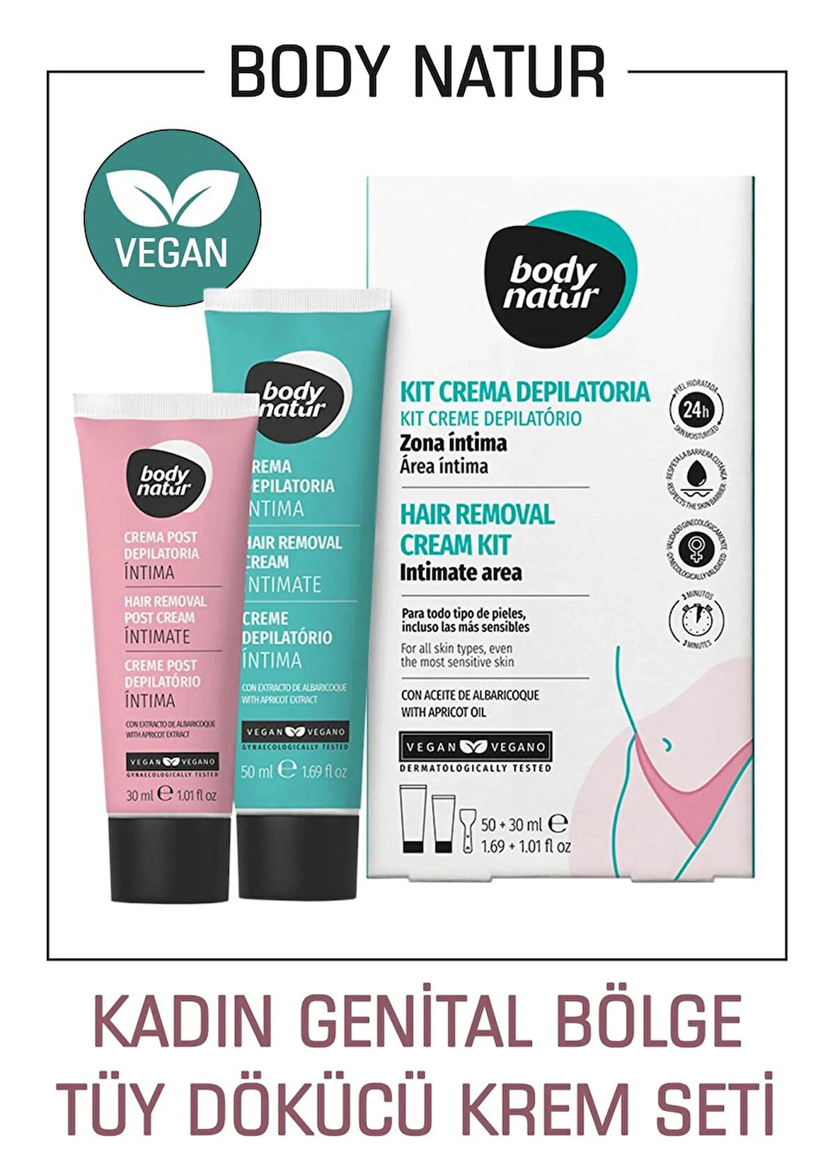 Body Natur Kadınlar İçin Genital Özel Bölge Tüy Dökücü Krem Seti T Bölgesi Tüy Dökücü & Uygulama Sonrası Balsam
