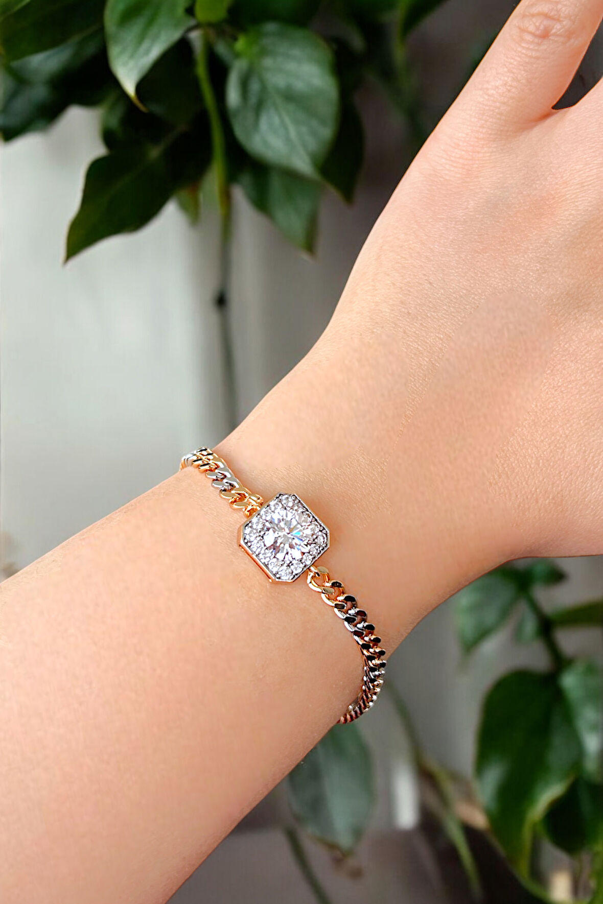 İki Renkli(Rose-Gümüş) Baget Zincir Çelik Bileklik - Xuping