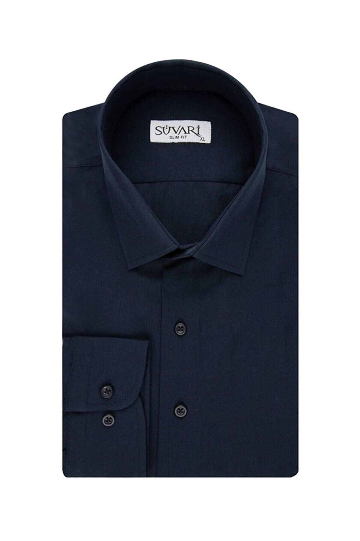 Süvari Classics Smart Sport Dar Kalıp Takım Elbise Gömleği Düz Mavi Slim Fit Cepsiz