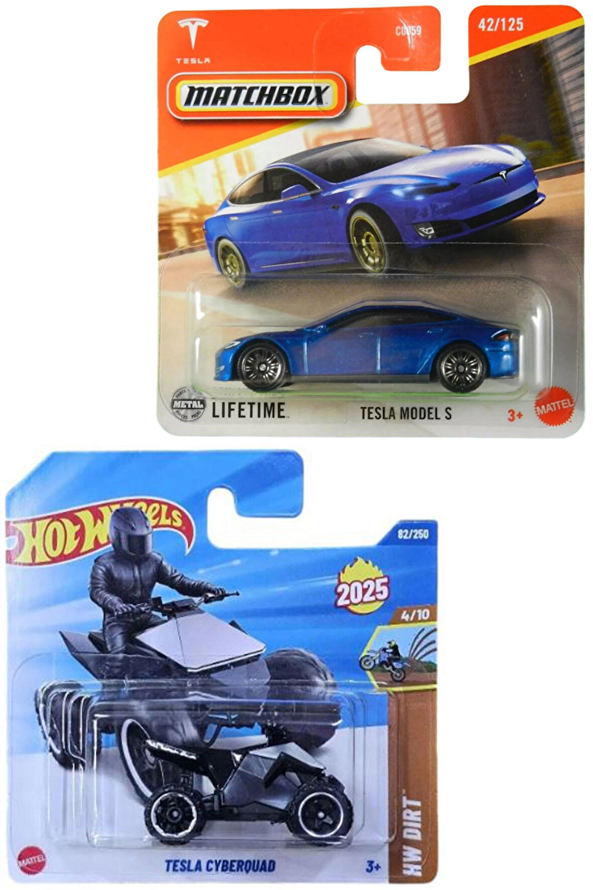 2 Araç Tesla Set - Hot Wheels Tesla Cyberquad & Matchbox Tesla Model S (1/64)