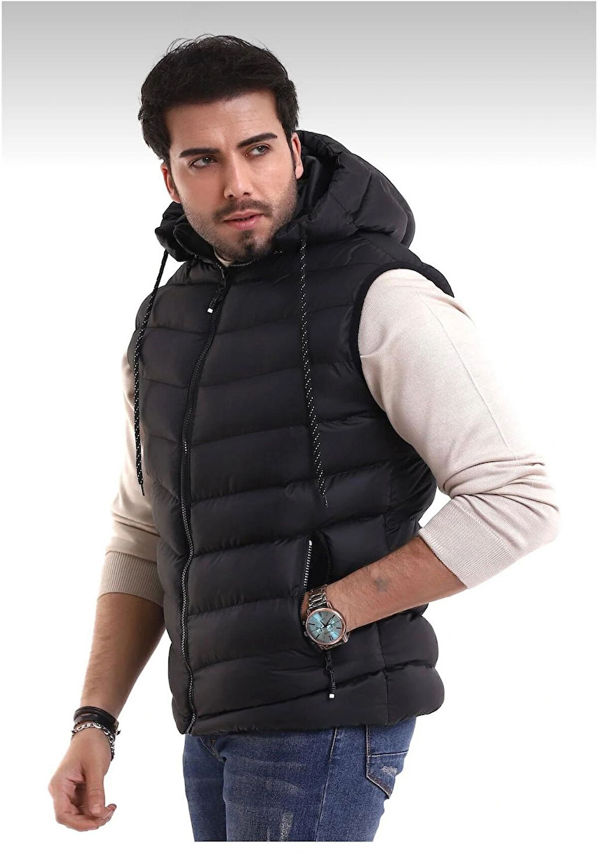 Erkek Siyah Çıkabilir Fermuarlı Kapüşon Günlük Spor Şişme Yelek