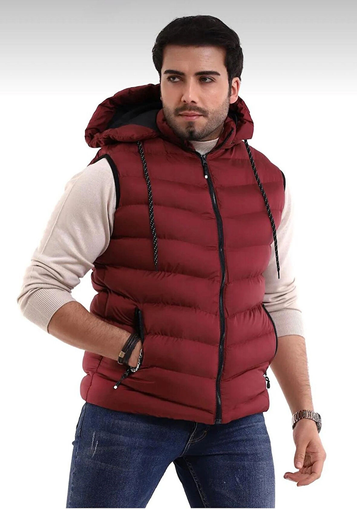 Erkek Bordo Çıkabilir Fermuarlı Kapüşon Günlük Spor Şişme Yelek