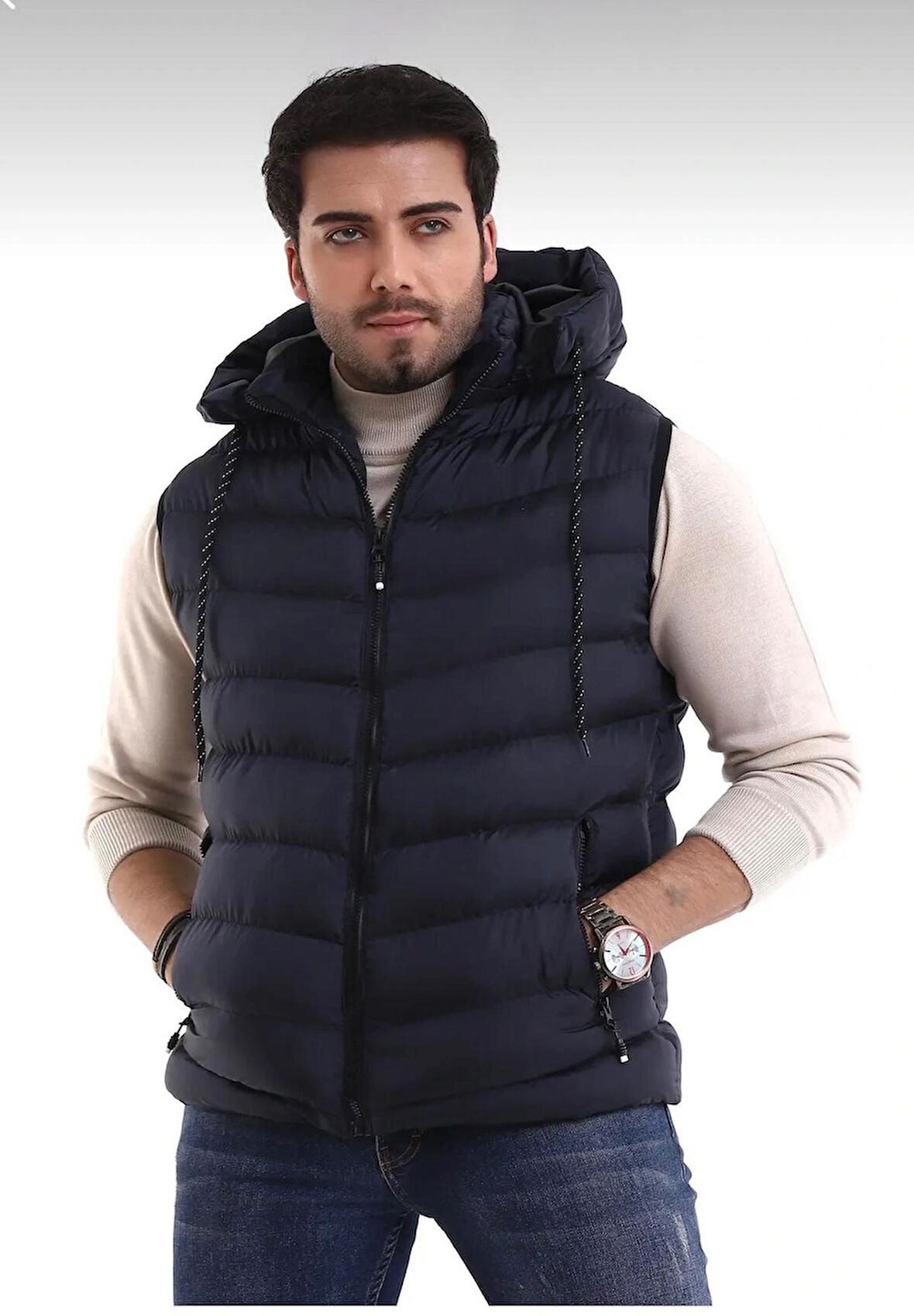 Erkek Lacivert Çıkabilir Fermuarlı Kapüşon Günlük Spor Şişme Yelek