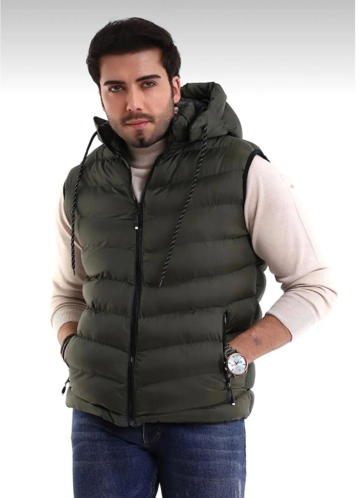 Erkek Haki Çıkabilir Fermuarlı Kapüşon Günlük Spor Şişme Yelek