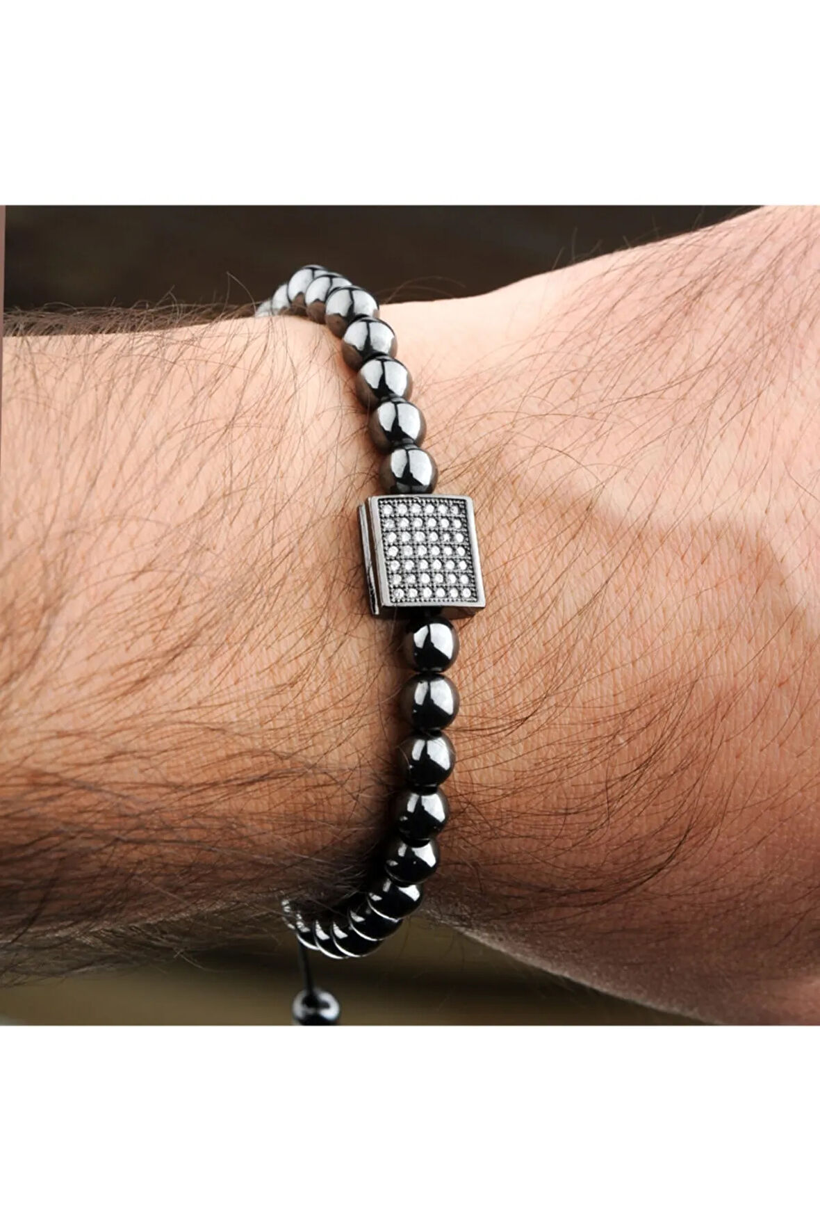 Kare Simge Doğal Taş Erkek Bileklik Hematit Takı Aksesuar B24 T5