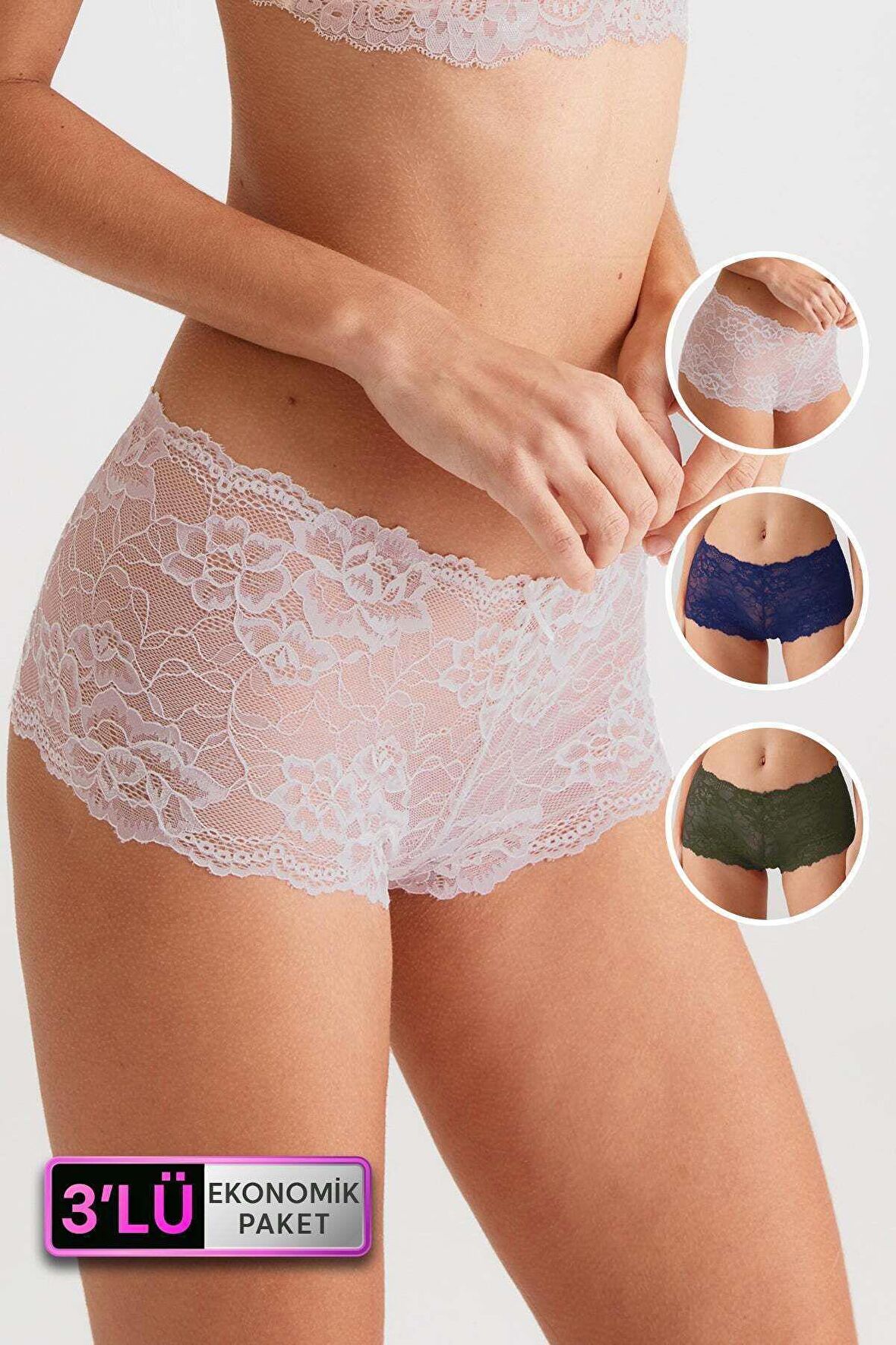 Pierre Cardin Ekru, Kırmızı, Siyah Lace Short Yüksek Bel Dantelli Kadın Boxer 3 Lü Külot