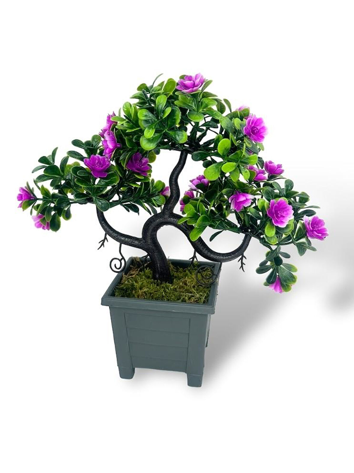 Yapay Çiçek Lila Çiçekli Bonsai Ağacı Dekoratif Yapay Ağaç Bonzai 29*24 CM Siyah Kare Saksıda