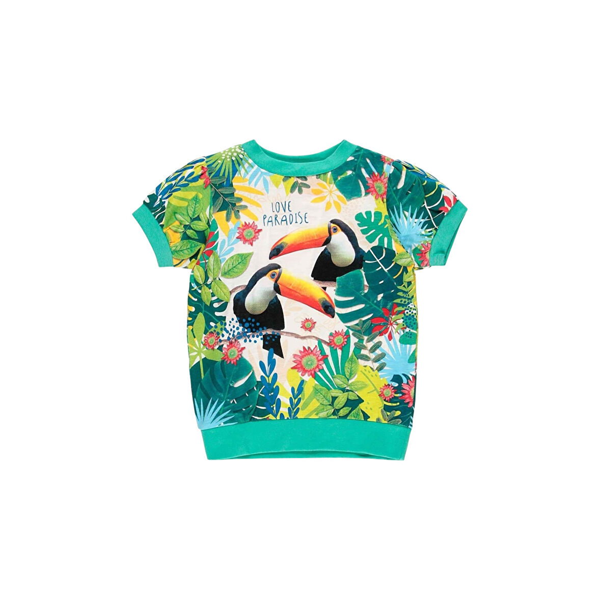 Kız Çocuk Tukan Baskılı Kısa Kollu Tişört Yeşil