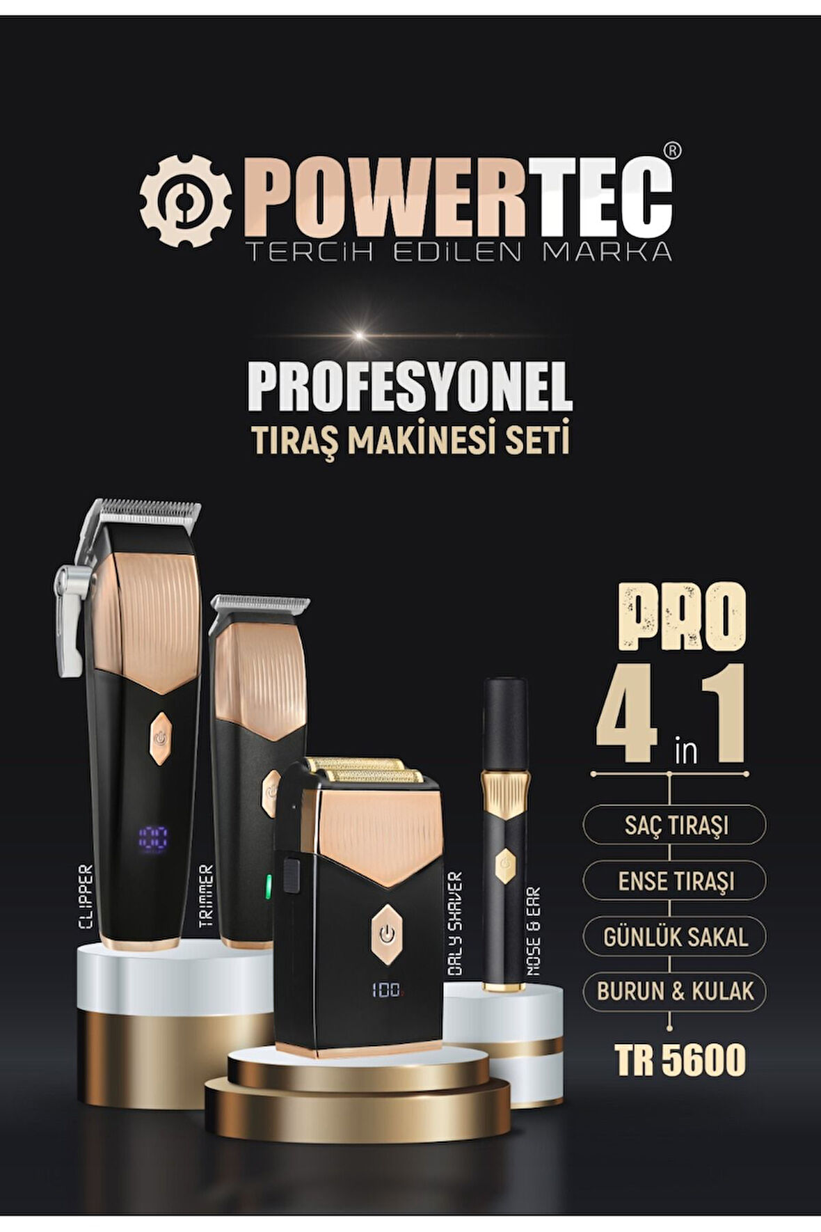 TR-5600 Pro 4in1 Set Saç-Sakal&Ense&Vücut-Günlük Sakal-Burun&Kulak(4'lü Şarj Standı ve Önlük Hediye)