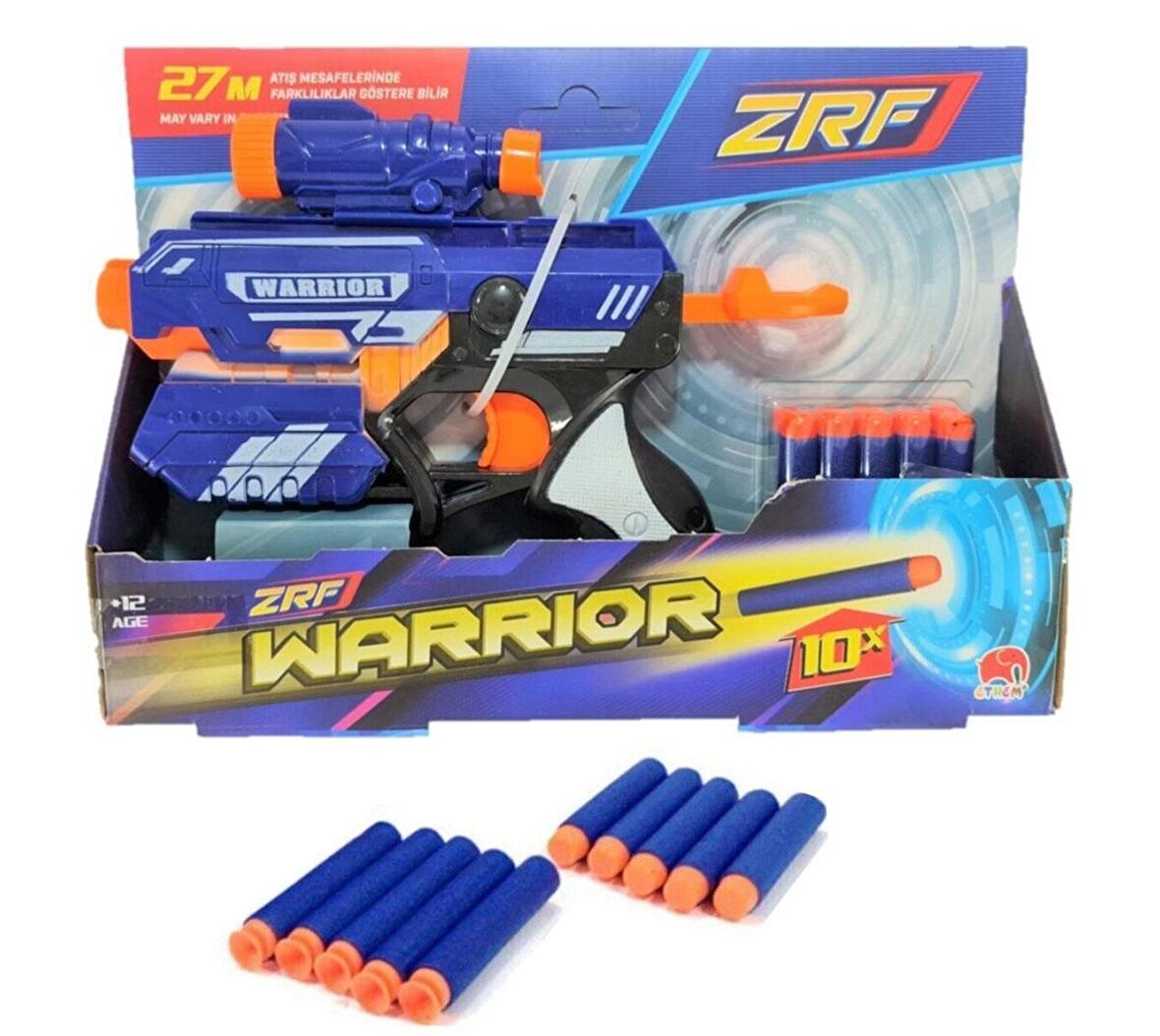 27 Metre Atış Mesafeli Warrior Sünger Mermi Atan Silah 10 Mermili Nerf