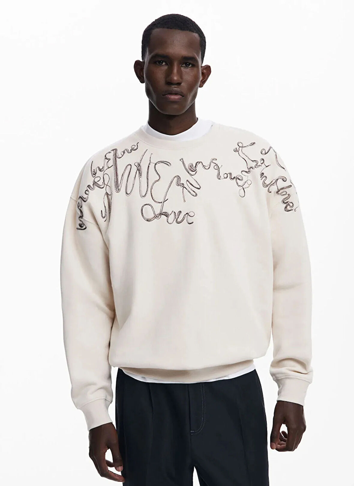 Desigual Bisiklet Yaka Krem Erkek Sweatshırt 25SMSK15_MAN KNIT SWEAT LONG SLEEVE