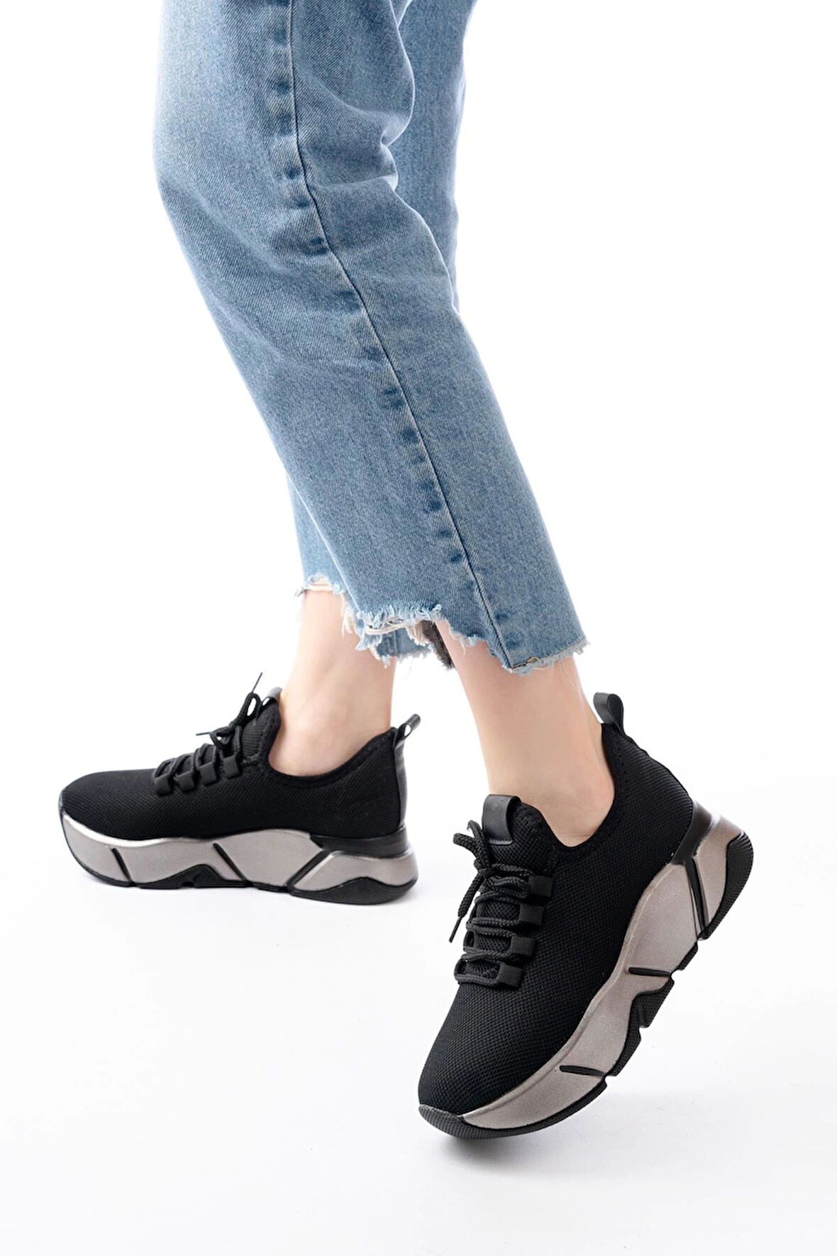 Rs-400  Siyah Bağcıklı Fileli Platin Taban Günlük Kadın Spor