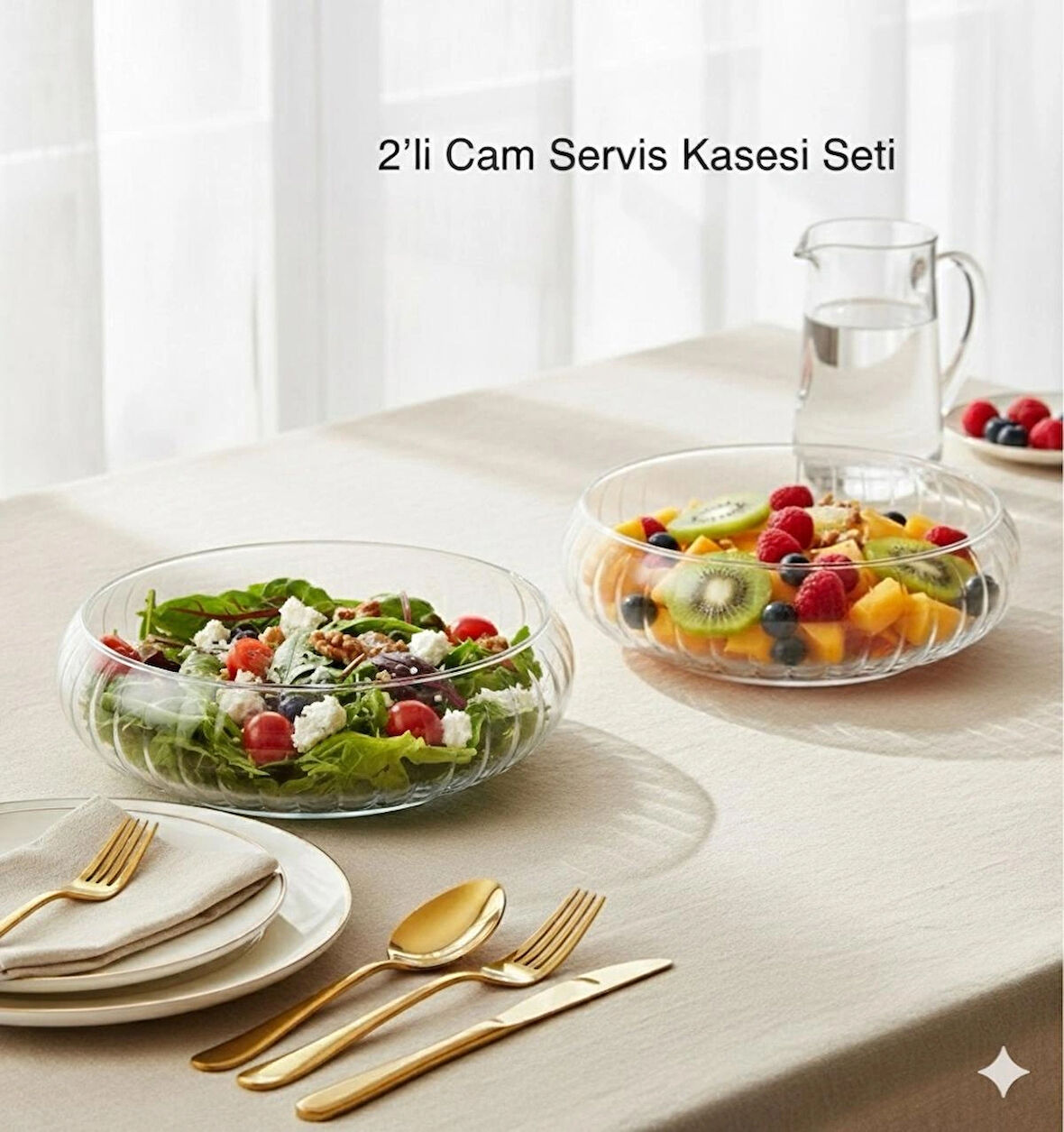 2'li Lüx Cam Servis Kasesi Seti | Büyük Boy Salata Makarna Sunum Kasesi | Dekoratif Sofra