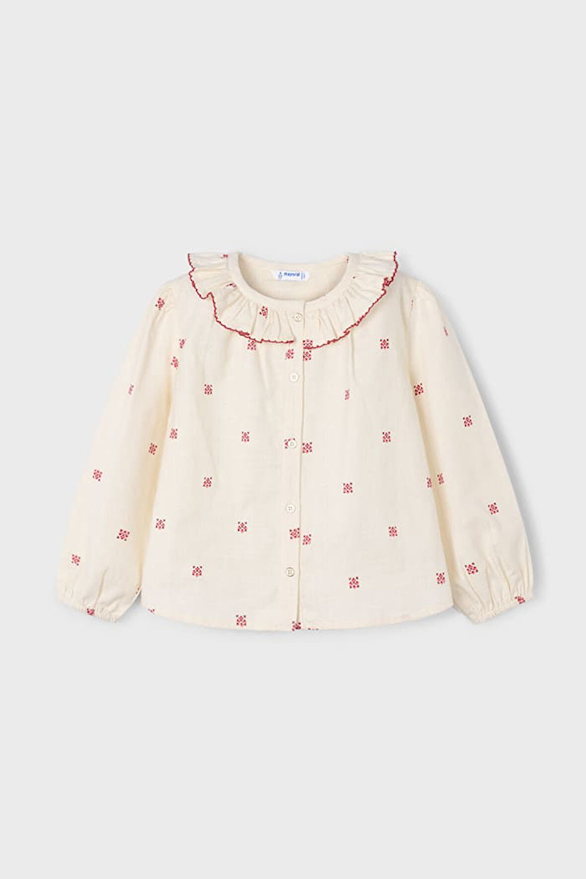 Kız Çocuk Normal Kalıp İşleme Detaylı Fırfırlı Yaka Bluz - Krem | 7 Yaş