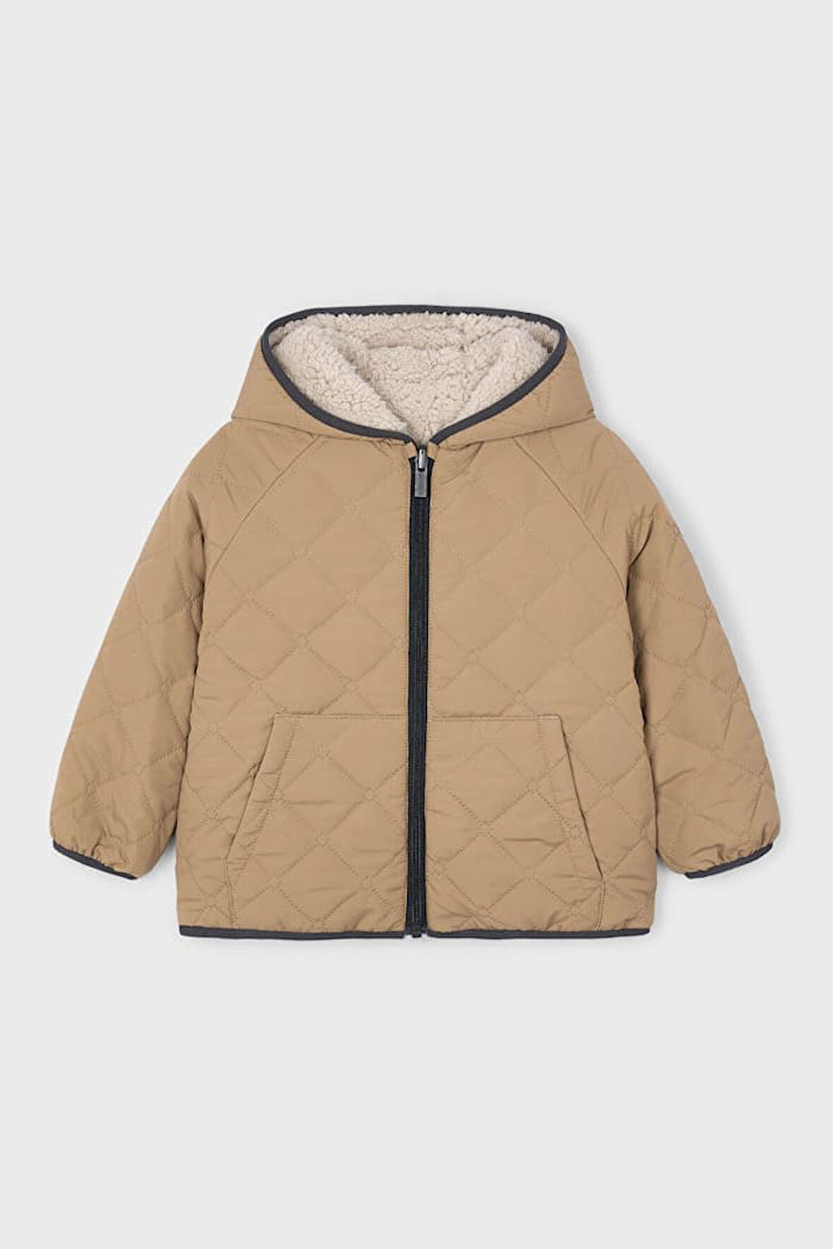 Unisex Çocuk Kapüşonlu Çift Taraflı Pelüş ve Kapitoneli Mont - Karamel/Bej | 8 Yaş