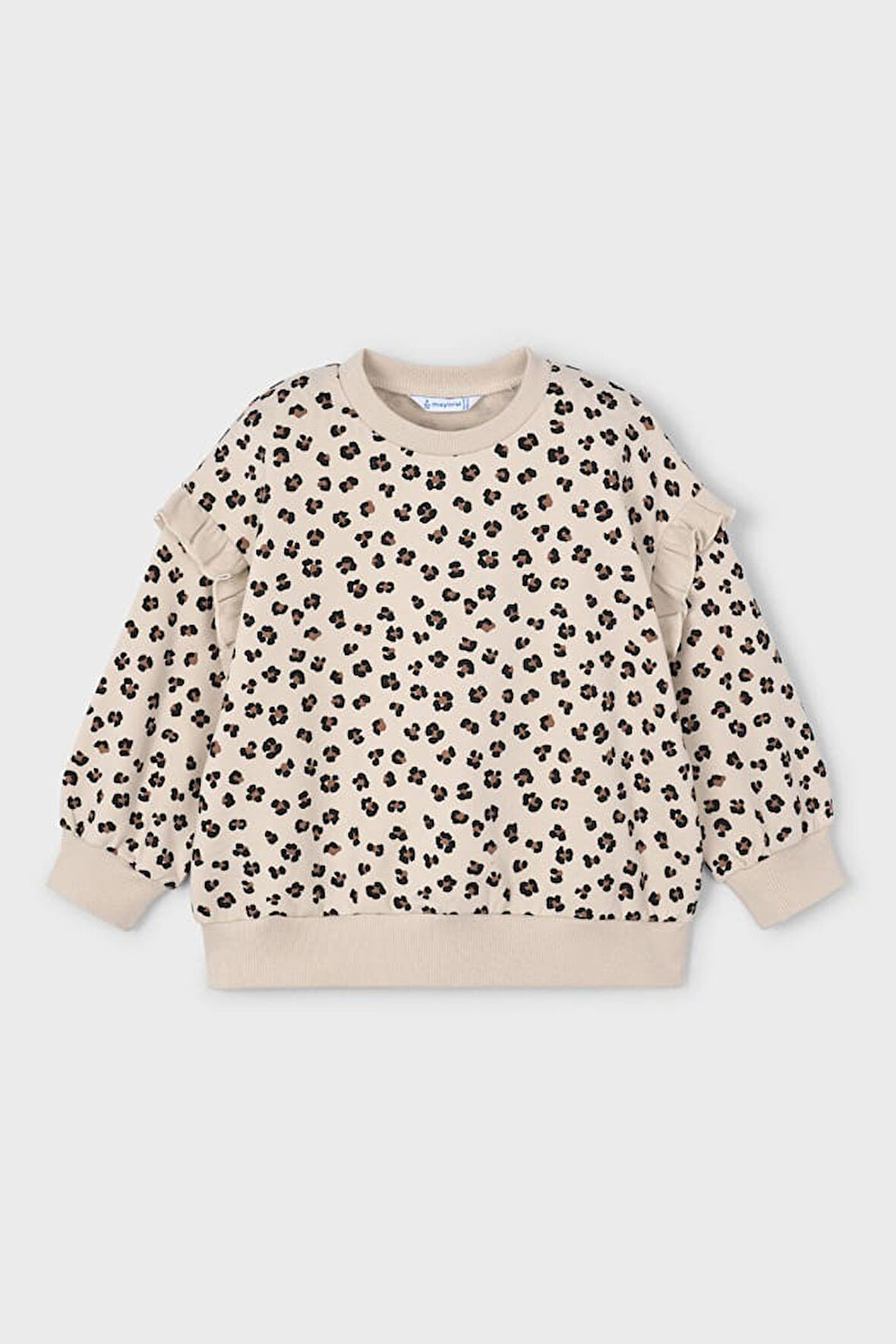 Kız Çocuk Kolları Fırfırlı Leopar Desenli Sweatshirt - Bej | 5 Yaş