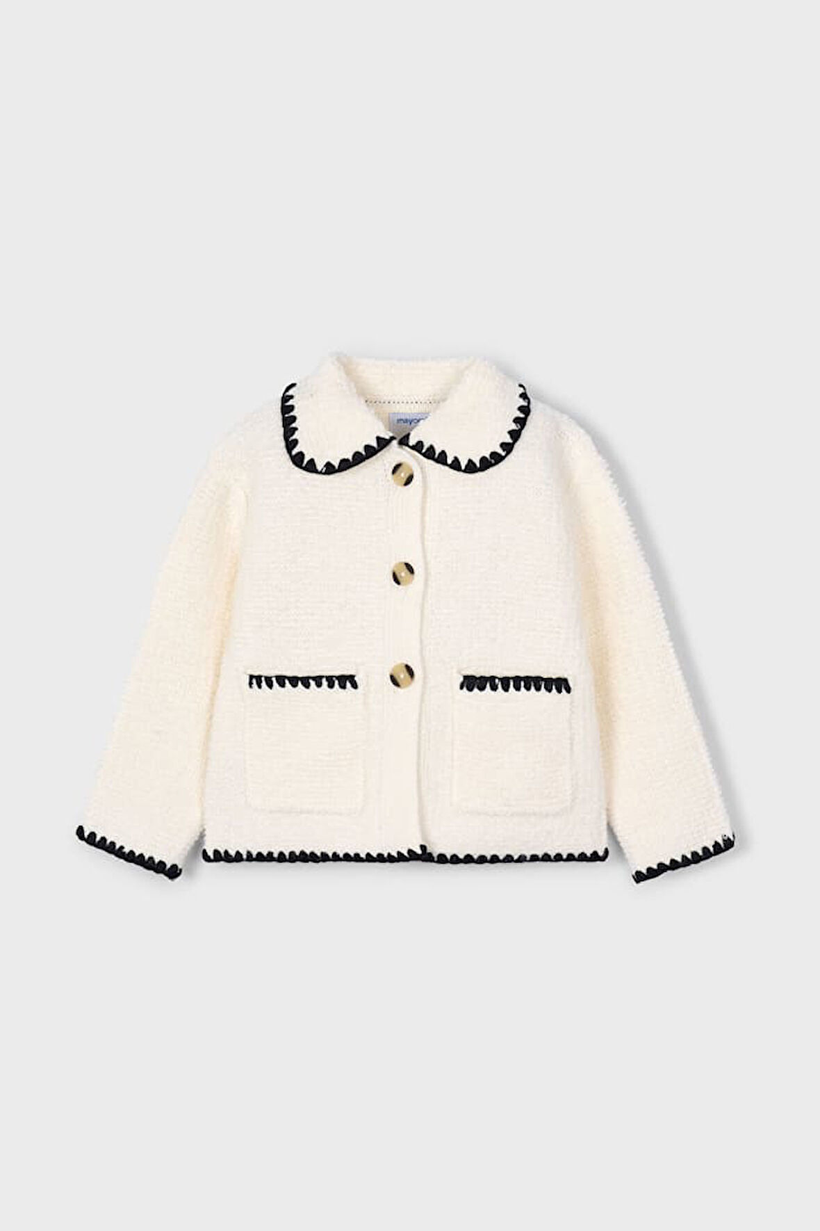 Kız Çocuk Kontrast Biyeli Buklet Ceket - Ekru | 10 Yaş