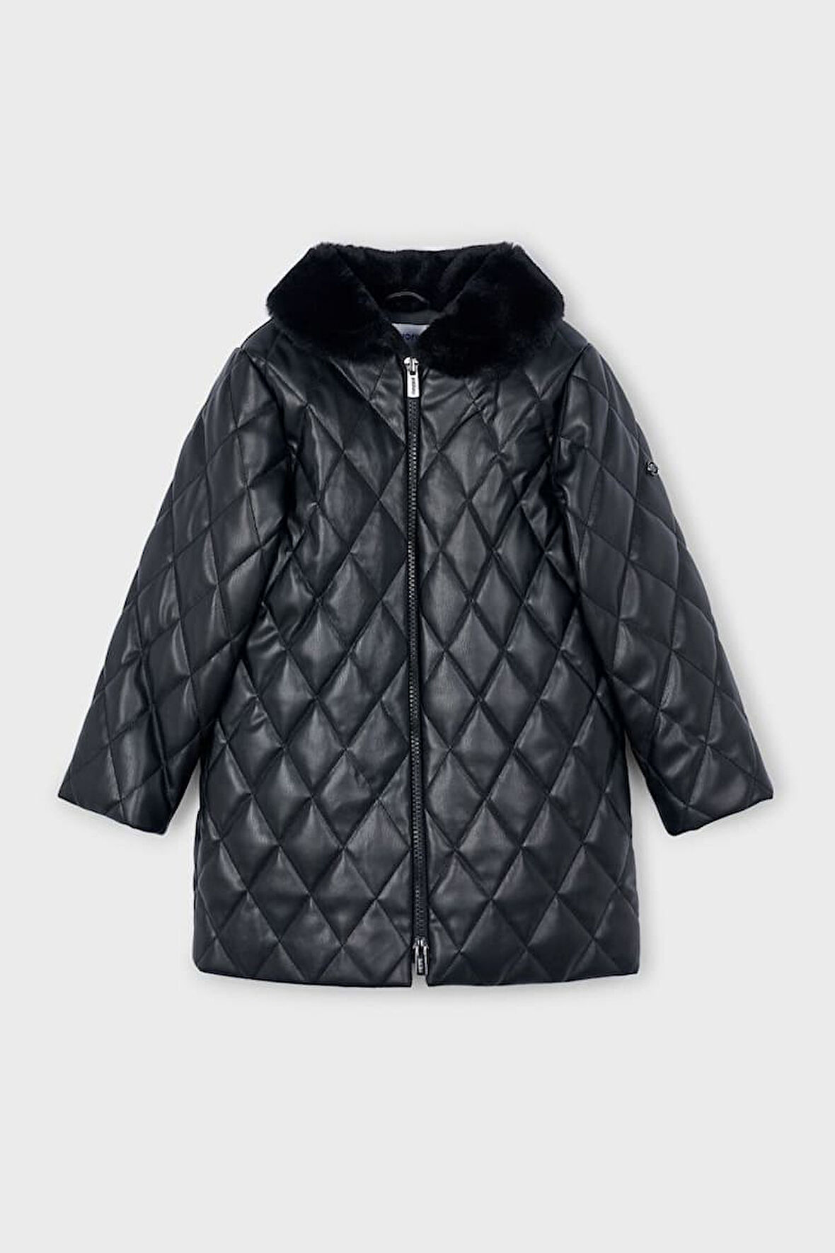 Kız Çocuk Normal Kalıp Pelüş Yaka Baklava Desenli Kapitone Kaban - Siyah | 4 Yaş