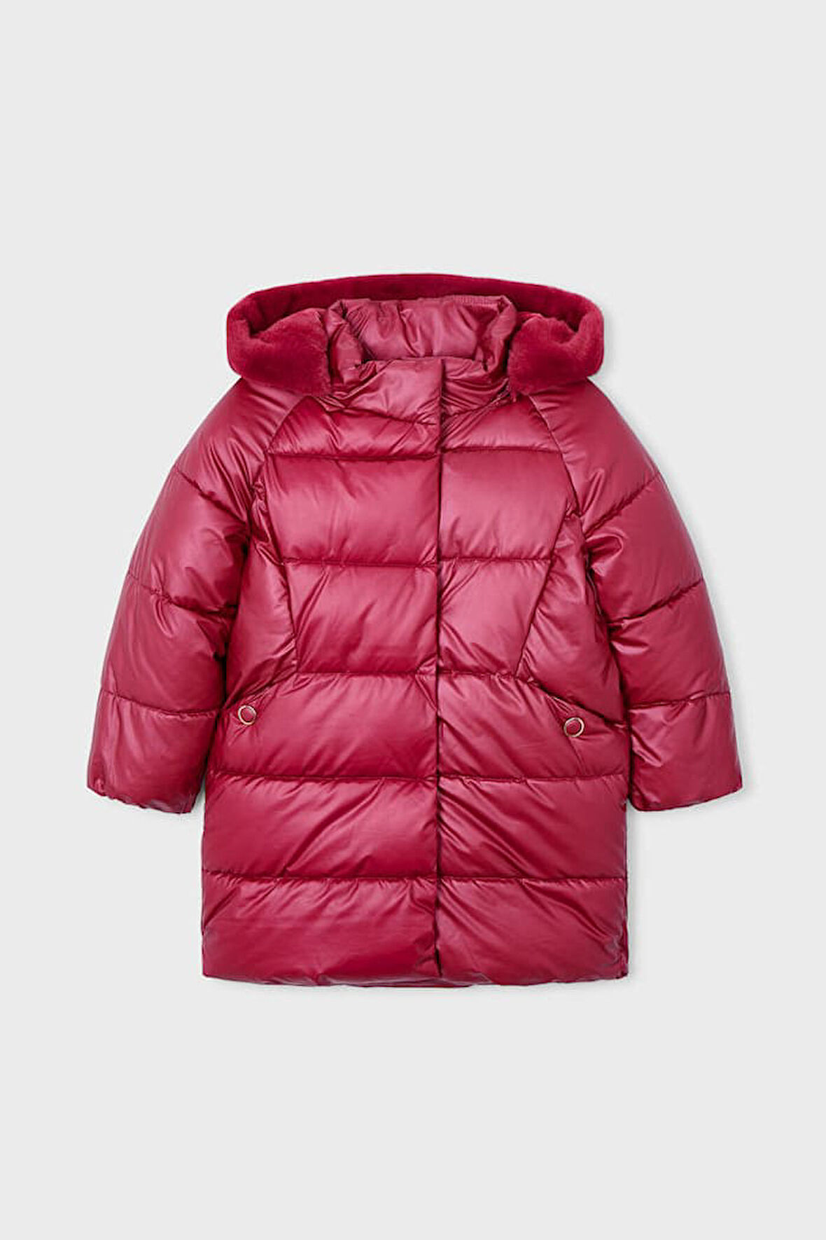 Kız Çocuk Normal Kalıp Kapüşonu Pelüş Astarlı Uzun Şişme Kaban - Vişne | 3 Yaş